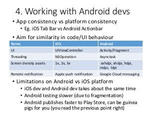4. Working with Android devs
• App consistency vs platform consistency
• Eg. iOS Tab Bar vs Android Actionbar
• Aim for similarity in code/UI behaviour
• Limitations on Android vs iOS platform
• iOS dev and Android dev takes about the same time
• Android testing slower (due to fragmentation)
• Android publishes faster to Play Store, can be guinea
pigs for you (you read the previous point right)
Terms iOS Android
UI UIViewController Activity/Fragment
Threading NSOperation Asynctask
Screen density assets 1x, 2x, 3x xxhdpi, xhdpi, hdpi,
mdpi, ldpi
Remote notification Apple push notification Google Cloud messaging
 