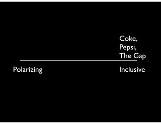 Coke,	

Pepsi,	

The Gap
Polarizing

Inclusive

 
