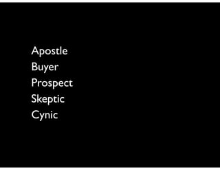 Apostle	

Buyer	

Prospect	

Skeptic	

Cynic

 