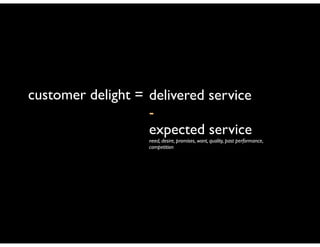 customer delight = delivered service	

-	

expected service	


need, desire, promises, want, quality, past performance,
competition

 