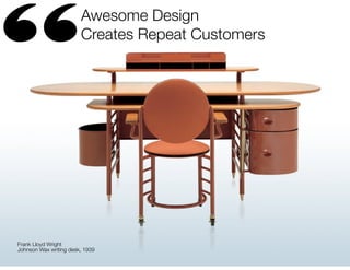 “

Awesome Design
Creates Repeat Customers

Frank Lloyd Wright
Johnson Wax writing desk, 1939

 