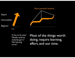 More powerful rewards
Expert
Intermediate
Beginner
Time

“It has to be easy.”	

“Noobs need to	

instantly get it.”	

“No learning	

curve.”

Most of the things worth
doing, require learning,
effort, and our time.

 