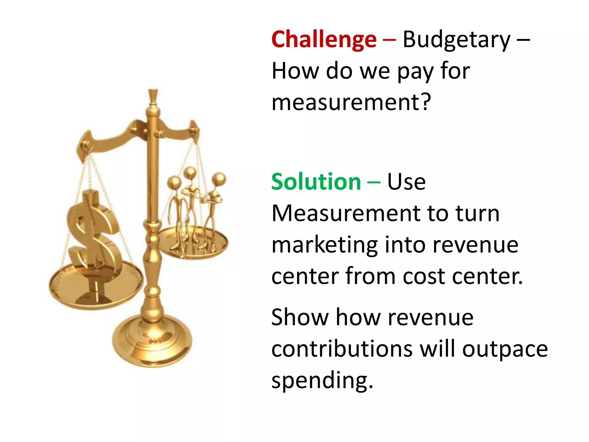 Solution – Use
Measurement to turn
marketing into revenue
center from cost center.
Show how revenue
contributions will outpace
spending.
Challenge – Budgetary –
How do we pay for
measurement?
 
