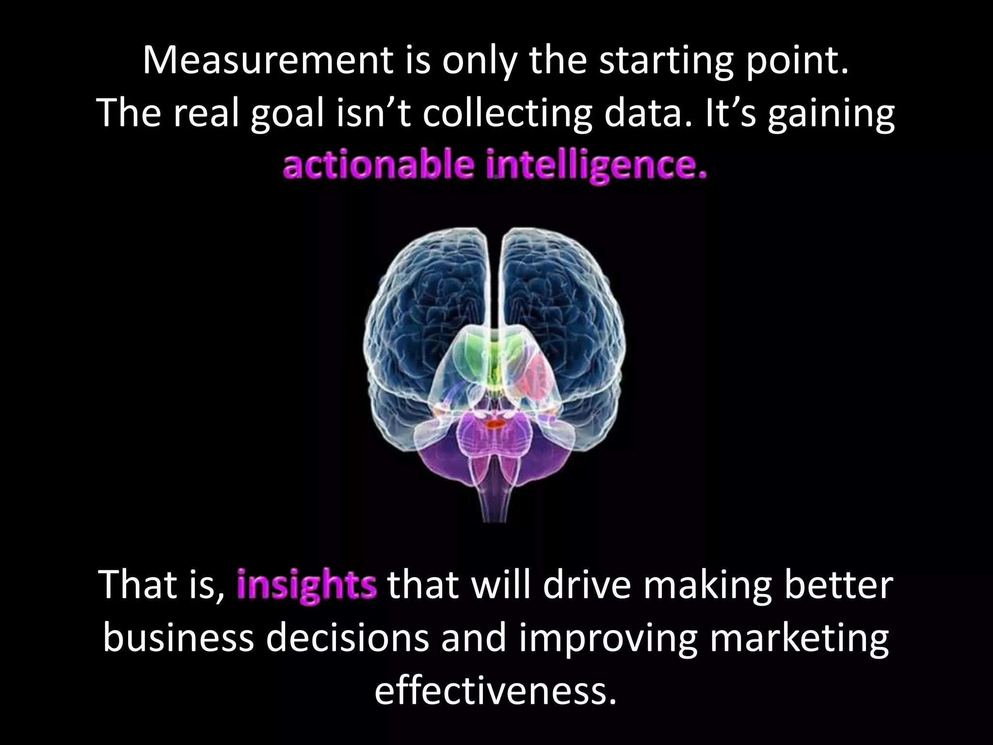 Measurement is only the starting point.
The real goal isn’t collecting data. It’s gaining
.
That is, that will drive making better
business decisions and improving marketing
effectiveness.
 