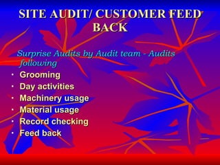 SITE AUDIT/ CUSTOMER FEED BACK Surprise Audits by Audit team - Audits following   Grooming Day activities Machinery usage Material usage Record checking Feed back 