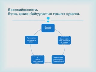 Ерөнхийэкологи .
Бүтэц, зохион байгуулалтын түвшинг судална.



 