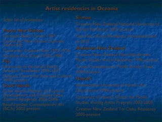 Artist residencies in Oceania Select list of residencies: Papua New Guinea   Georgina Beier’s home 1969 Centre for New Guinea Cultures 1969-1972  Centre for Creative Arts 1972-1976 National Arts School 1976-1990 Fiji University of the South Pacific Artists in Residence 1976-1977 Oceania Centre for Arts and Culture 1997-present Cook Islands Cook Islands Ministry of Cultural Development and Creative New Zealand Residency 2002-2006 Beachcomber Contemporary Art (BCA) 2002-present Sāmoa Creative New Zealand National University of Sāmoa Residency 2007-present Fatu Feu‘u Artist Residency anticipated start in 2012 Aotearoa New Zealand Creative New Zealand Macmillan Brown Pacific Studies Artist Residency 1996-present Tautai Contemporary Pacific Artists Trust 2009-present Hawai‘i  Intersections University of Hawai‘i Art Department 1994-present University of Hawai‘i Center for Pacific Studies Visiting Artist Program 2002-2009 Creative New Zealand Toi Oahu Residency 2005-present 