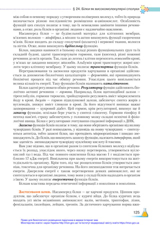 § 24. Білки як високомолекулярні сполуки
125
між собою в певному порядку з утворенням полімерних молекул, тобто їх природа
визначається різною послідовністю розміщення α-амінокислот. Особливість
функцій цих сполук полягає в тому, що їх неможливо замінити іншими речови-
нами, а отже, роль білків в організмі людини є надзвичайно важливою.
Насамперед білки — це будівельний матеріал для клітинних мембран,
м’язевих волокон — міофібрил, а міозин та актин виконують функції скорочення
м’язів. Білки входять до складу сполучної (колаген) і нервової тканин, волосся
та нігтів. Отже, вони виконують будівельну функцію.
Білки, завдяки наявності в їхньому складі різних функціональних груп та їх
складній будові, здатні транспортувати гормони, гази (кисень), різні поживні
речовини до всіх органів. Так, гази до легень і клітин переносить гемоглобін крові,
у м’язах це завдання виконує міоглобін. Альбумін крові транспортує жирні кис-
лоти через клітинну мембрану. У цьому полягає транспортна функція білків.
Перетравлювання та засвоєння продуктів харчування в організмі здійсню-
ється за допомогою біологічних каталізаторів — ферментів, які пришвидшують
біохімічні процеси під час обміну речовин. Унаслідок цього вивільняється
велика кількість енергії. Таку функцію білків називають каталітичною.
Білки здатні регулювати обмін речовин. Регуляторну фунцію здійснюють біо-
логічно активні речовини — гормони. Наприклад, білок щитоподібної залози  —
тіреоглобулін, гормони тироксин, трийодтиронін регулюють вміст мікроелемента
йоду в крові. Інсулін — гормон підшлункової залози, забезпечує синтез жирів з
вуглеводів, знижує вміст глюкози в крові. За його відсутності виникає важке
захворювання — цукровий діабет. Цей гормон, крім регуляторної, виконує ще й
запасну функцію, оскільки бере участь у синтезі глікогену. Гормони гіпофізу й
пептид пам’яті, страху забезпечують у головному мозку складні психічні й фізіо-
логічні явища. Білки є регуляторами зчитування спадкової інформації з ДНК.
Захисна функція білків полягає в тому, що вони оберігають організми від впливу
чужорідних білків. У разі пошкоджень, у відповідь на появу чужорідних — синтезу-
ються антитіла, тобто захисні білки, що протидіють мікроорганізмам і швидко зне-
шкоджують їх. До білків, що виконують захисну функцію, належить інтерферон, який
має здатність знешкоджувати чужорідну нуклеїнову кислоту й токсини.
Вам уже відомо, що в організмі разом із синтезом білкових молекул відбува-
ється їх розпад, унаслідок якого, через низку перетворень, утворюються вугле-
кислий газ і вода. Під час повного окиснення білка масою 1 г виділяється при-
близно 17 кДж енергії. Вивільнена при цьому енергія використовується на жит-
тєдіяльність організму. Крім того, під час розщеплення білків утворюється амо-
ніак, токсична для організму речовина. На його знешкодження теж витрачається
енергія. Джерелом енергії є також перетворення деяких амінокислот, які не
синтезуються в організмі людини, тому вони у складі білків надходять в організм
з їжею. У цьому полягає енергетична функція білків.
Білкам властива передача генетичної інформації з покоління в покоління.
Застосування білків. Насамперед білки — це харчові продукти. Цінним про-
дуктом, що забезпечує організм білком, є курячі яйця. До білка курячих яєць
входять усі вісім незамінних амінокислот: валін, метіонін, триптофан, лізин,
фенілаланін, ізолейцин, лейцин, треонін. За дієтичного харчування норма вжи-
Право для безоплатного розміщення підручника в мережі Інтернет має
Міністерство освіти і науки України http://mon.gov.ua/ та Інститут модернізації змісту освіти https://imzo.gov.ua
 