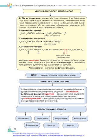 Тема 4. Нітрогеновмісні органічні сполуки
БІЛКИ — природні полімери складної структури.
1. За нагрівання, під впливом радіації та інших чинників відбувається
руйнування молекули до первинної структури — денатурація.
2. Кольорові реакції: а) біуретова — за взаємодії білка з купрум(ІІ)
гідроксидом утворюється розчин синьо-фіолетового кольору;
б) ксантопротеїнова — випадання жовтого осаду під час взаємодії
з концентрованою нітратною кислотою.
Будівельна Каталітична Регуляторна Енергетична
Транспортна Запасна Захисна
БІОЛОГІЧНІ ФУНКЦІЇ БІЛКІВ
ХІМІЧНІ ВЛАСТИВОСТІ БІЛКІВ
ХІМІЧНІ ВЛАСТИВОСТІ АМІНОКИСЛОТ
1. Дія на індикатори: залежно від кількості аміно- й карбоксильних
груп індикатори можуть змінювати забарвлення, виявляючи кислотне
(якщо переважають карбоксильні) чи лужне (за більшої кількості аміно­
груп) середовище, або не змінювати забарвлення, виявляючи ней­
тральне середовище (якщо їх однакова кількість).
2. Взаємодія з лугами:
H2
N–CH2
–COOH + NaOH H2
N–CH2
–COONa + H2
O.
натрій аміноетаноат
3. Взаємодія з кислотами:
H2
N–CH2
–COOH + HCl [H3
N–CH2
–COOH]+
Cl–
.
гліциній хлорид
4. Утворення пептидів:
H2
N–CH2
–C–OH + H–N–CH2
–COOH H2
N–CH2
–C–N–CH2
–COOH + Н2
О.
пептидний зв’язок
(пептидна група)
Утворився дипептид. Якщо ж за допомогою пептидних зв’язків сполу­
чаються багато амінокислот, утворюються поліпептиди. У складі полі­
пептидів може бути майже 100 амінокислотних залишків.
Амінокислоти — органічні амфотерні сполуки.
O H
O H
130
Право для безоплатного розміщення підручника в мережі Інтернет має
Міністерство освіти і науки України http://mon.gov.ua/ та Інститут модернізації змісту освіти https://imzo.gov.ua
 