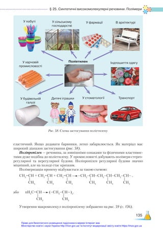 § 25. Синтетичні високомолекулярні речовини. Полімери
135
еластичний. Якщо додавати барвники, легко забарвлюється. Як матеріал має
широкий діапазон застосування (рис. 58).
Поліпропілен — речовина, за зовнішніми ознаками та фізичними властивос-
тями дуже подібна до поліетилену. У промисловості добувають полімери стерео-
регулярної та нерегулярної будови. Поліпропілен регулярної будови значно
міцніший, але на холоді стає крихким.
Полімеризація пропену відбувається за такою схемою:
СН2
=СН + СН2
=СН + СН2
=СН –СН2
–СН–СН2
–СН–СН2
–СН– ,
або nH2
C=CH (–СН2
–СН—)n
.
Утворення макромолекул поліпропілену зображено на рис. 59 (с. 136).
СH3
СH3
СH3
СH3
СH3
СH3
СH3
СH3
Рис. 58. Схема застосування поліетилену
У побуті У сільському
господарстві
У фармації В архітектурі
У харчовій
промисловості
Індпошиття одягу
У будівельній
галузі
Дитячі іграшки У стоматології Транспорт
Поліетилен
Право для безоплатного розміщення підручника в мережі Інтернет має
Міністерство освіти і науки України http://mon.gov.ua/ та Інститут модернізації змісту освіти https://imzo.gov.ua
 