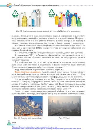 Тема 5. Синтетичні високомолекулярні речовини...
140
Рис. 65. Використання пластмас першої (а) і другої (б) груп та їх марковання
сполуки. Після десяти років використання вироби, виготовлені з цього мате­
ріалу, починають самостійно виділяти в довкілля токсичні сполуки. Неприпус-
тимо виготовлення з нього дитячих іграшок. Уражає центральну нервову й
кісткову системи, мозок, серце, печінку, знищує імунну систему, канцероген;
4 — поліетилен низької щільності (LDPE) — офіційно вважається нешкідли-
вим, але у виробництві LDPE використовують потенційно небезпечні для
здоров’я бутан і бензен;
5 — поліпропілен (PP) — офіційно вважається нешкідливим для здоров’я;
6 — полістирен (PS) — добувають полімеризацією стирену, який є канцероге-
ном, уражає слизові оболонки, негативно впливає на репродуктивні функції
організму людини;
7 — інші види пластмас — до цієї групи належать пластмаси, використання
яких може бути пов’язане з небезпекою, а також екологічні види пластмас.
Однак, використовуючи вироби з них, людина ризикує.
Тару з відповідним маркованням показано на рис. 65.
Вплив пластмас на довкілля. Дедалі більший попит на нові синтетичні мате-
ріали, їх виробництво та застосування призвели до істотних змін у довкіллі. Уна-
слідок синтезу пластмас забруднюється атмосфера, вода, уся земна поверхня.
Під час виробництва пластмас в атмосферу потрапляють отруйні гази, пил,
сполуки Плюмбуму, Меркурію та деяких інших важких металічних елементів,
оксиди Сульфуру, Нітрогену, Карбону (рис. 66). Вони порушують колообіги
речовин, що призводить до утворення смогу — туману, який надовго зависає над
поверхнею великих міст за високої вологості або спеки (рис. 67).
Багато технологічних промислових операцій відбувається за участю кисню,
який вилучають з повітря, зменшуючи при цьому його вміст в атмосфері Землі.
Рис. 66. Викиди газів в атмосферу Рис. 67. Смог
а б
Право для безоплатного розміщення підручника в мережі Інтернет має
Міністерство освіти і науки України http://mon.gov.ua/ та Інститут модернізації змісту освіти https://imzo.gov.ua
 