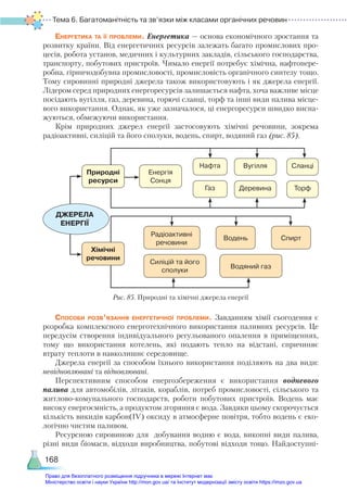 Тема 6. Багатоманітність та зв’язки між класами органічних речовин
168
Енергетика та її проблеми. Енергетика — основа економічного зростання та
розвитку країни. Від енергетичних ресурсів залежать багато промислових про-
цесів, робота установ, медичних і культурних закладів, сільського господарства,
транспорту, побутових пристроїв. Чимало енергії потребує хімічна, нафтопере-
робна, гірничодобувна промисловості, промисловість органічного синтезу тощо.
Тому сировинні природні джерела також використовують і як джерела енергії.
Лідером серед природних енергоресурсів залишається нафта, хоча важливе місце
посідають вугілля, газ, деревина, горючі сланці, торф та інші види палива місце-
вого використання. Однак, як уже зазначалося, ці енергоресурси швидко висна-
жуються, обмежуючи використання.
Крім природних джерел енергії застосовують хімічні речовини, зокрема
радіо­
активні, силіцій та його сполуки, водень, спирт, водяний газ (рис. 85).
ДЖЕРЕЛА 
ЕНЕРГІЇ
Енергія
Сонця
Нафта Вугілля Сланці
Газ Деревина Торф
Радіоактивні
речовини
Водень Спирт
Силіцій та його
сполуки
Водяний газ
Природні
ресурси
Хімічні
речовини
Рис. 85. Природні та хімічні джерела енергії
Способи розв’язання енергетичної проблеми. Завданням хімії сьогодення є
розробка комплексного енерготехнічного використання паливних ресурсів. Це
передусім створення індивідуального регульованого опалення в приміщеннях,
тому що використання котелень, які подають тепло на відстані, спричиняє
втрату теплоти в навколишнє середовище.
Джерела енергії за способом їхнього використання поділяють на два види:
невідновлювані та відновлювані.
Перспективним способом енергозбереження є використання водневого
палива для автомобілів, літаків, кораблів, потреб промисловості, сільського та
житлово-комунального господарств, роботи побутових пристроїв. Водень має
високу енергоємність, а продуктом згоряння є вода. Завдяки цьому скорочується
кількість викидів карбон(ІV) оксиду в атмосферне повітря, тобто водень є еко-
логічно чистим паливом.
Ресурсною сировиною для добування водню є вода, викопні види палива,
різні види біомаси, відходи виробництва, побутові відходи тощо. Найдоступні-
Право для безоплатного розміщення підручника в мережі Інтернет має
Міністерство освіти і науки України http://mon.gov.ua/ та Інститут модернізації змісту освіти https://imzo.gov.ua
 