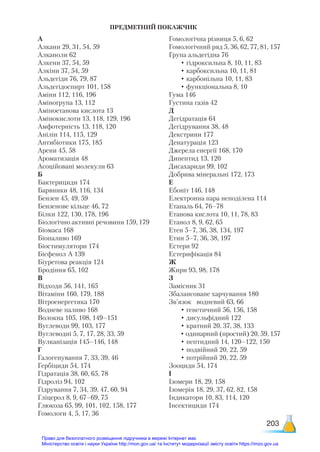 203
ПРЕДМЕТНИЙ ПОКАЖЧИК
А
Алкани 29, 31, 54, 59
Алканоли 62
Алкени 37, 54, 59
Алкіни 37, 54, 59
Альдегіди 76, 79, 87
Альдегідоспирт 101, 158
Аміни 112, 116, 196
Аміногрупа 13, 112
Аміноетанова кислота 13
Амінокислоти 13, 118, 129, 196
Амфотерність 13, 118, 120
Анілін 114, 115, 129
Антибіотики 175, 185
Арени 45, 58
Ароматизація 48
Асоційовані молекули 63
Б
Бактерициди 174
Барвники 48, 116, 134
Бензен 45, 49, 59
Бензенове кільце 46, 72
Білки 122, 130, 178, 196
Біологічно активні речовини 159, 179
Біомаса 168
Біопаливо 169
Біостимулятори 174
Бісфенол А 139
Біуретова реакція 124
Бродіння 65, 102
В
Відходи 56, 141, 165
Вітаміни 160, 179, 188
Вітроенергетика 170
Водневе паливо 168
Волокна 105, 108, 149–151
Вуглеводи 99, 103, 177
Вуглеводні 5, 7, 17, 28, 33, 59
Вулканізація 145–146, 148
Г
Галогенування 7, 33, 39, 46
Гербіциди 54, 174
Гідратація 38, 60, 65, 78
Гідроліз 94, 102
Гідрування 7, 34, 39, 47, 60, 94
Гліцерол 8, 9, 67–69, 75
Глюкоза 65, 99, 101, 102, 158, 177
Гомологи 4, 5, 17, 36
Гомологічна різниця 5, 6, 62
Гомологічний ряд 5, 36, 62, 77, 81, 157
Група альдегідна 76
• гідроксильна 8, 10, 11, 83
• карбоксильна 10, 11, 81
• карбонільна 10, 11, 83
• функціональна 8, 10
Гума 146
Густина газів 42
Д
Дегідратація 64
Дегідрування 38, 48
Декстрини 177
Денатурація 123
Джерела енергії 168, 170
Дипептид 13, 120
Дисахариди 99, 102
Добрива мінеральні 172, 173
Е
Ебоніт 146, 148
Електронна пара неподілена 114
Етаналь 64, 76–78
Етанова кислота 10, 11, 78, 83
Етанол 8, 9, 62, 65
Етен 5–7, 36, 38, 134, 197
Етин 5–7, 36, 38, 197
Естери 92
Естерифікація 84
Ж
Жири 93, 98, 178
З
Замісник 31
Збалансоване харчування 180
Зв’язок водневий 63, 66
• генетичний 56, 156, 158
• дисульфідний 122
• кратний 20, 37, 38, 133
• одинарний (простий) 20, 59, 157
• пептидний 14, 120–122, 150
• подвійний 20, 22, 59
• потрійний 20, 22, 59
Зооциди 54, 174
І
Ізомери 18, 29, 158
Ізомерія 18, 29, 37, 62, 82, 158
Індикатори 10, 83, 114, 120
Інсектициди 174
Право для безоплатного розміщення підручника в мережі Інтернет має
Міністерство освіти і науки України http://mon.gov.ua/ та Інститут модернізації змісту освіти https://imzo.gov.ua
 