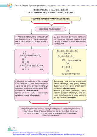 Тема 1. Теорія будови органічних сполук
26
ПОВТОРЮЄМО Й УЗАГАЛЬНЮЄМО ­
ТЕМУ 1 «ТЕОРІЯ БУДОВИ ОРГАНІЧНИХ СПОЛУК»
ОСНОВНІ ПОЛОЖЕННЯ
ТЕОРІЯ БУДОВИ ОРГАНІЧНИХ СПОЛУК
1. Атоми в молекулах розміщуються
не безладно, а в певній послідов­
ності, відповідно до їхньої валент­
ності.
Речовини, що подібні за будовою та
властивостями, але відрізняються
одна від одної за складом молекул
на одну чи кілька груп атомів СН2
,
називають гомологами.
Групу атомів –СН2
– називають
гомологічною різницею.
Теорія будови органічних сполук не втратила своєї актуальності
й дотепер. Вона сприяла розвитку органічної хімії як науки
та дала поштовх до створення нових речовин із певними
характеристиками.
Н Н
Н–С–С–Н або СН3
–СН3
Н Н
Н Н Н
Н–С–С–С–Н або СН3
–СН2
Н Н Н СН3
2. Властивості речовин залежать
не тільки від якісного та кількісного
складу молекул, а й від їхньої хіміч­
ної будови.
Речовини, що мають однаковий
склад молекул, але різну хімічну
будову, а отже, і різні властивості,
називають ізомерами.
Явище утворення речовин з одна­
ковим складом молекул, але різ­
ним розміщенням атомів дістало
назву «явище ізомерії».
СН3
–СН2
–СН2
–СН2
–СН3
пентан
СН3
–СН–СН2
–СН3
СН3 2-метилбутан
СН3
СН3
–С–СН3
СН3
2,2-диметилпропан
Право для безоплатного розміщення підручника в мережі Інтернет має
Міністерство освіти і науки України http://mon.gov.ua/ та Інститут модернізації змісту освіти https://imzo.gov.ua
 