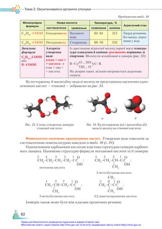 Тема 3. Оксигеновмісні органічні сполуки
82
Молекулярна
формула
Назва кислоти Температура, °С
Агрегатний стан
систематична тривіальна плавлення кипіння
С15
Н31
–СООН Гексадеканова Пальміти-
нова
62–64 215 Тверді речовини,
без запаху, нероз-
чинні у воді.
С17
Н35
–СООН Октадеканова Стеаринова 69–70 232
Загальна
формула
Сn
H2n+1
COOH
або
R–COOH
Алгоритм  
утворення
назв:
алкан + ова +
+ кислота →
етан + ова +
+ кислота
Із зростанням відносної молекулярної маси темпера-
тури плавлення й кипіння зростають порівняно зі
спиртами. Молекули асоційовані в димери (рис. 33):
R–C O … HO
ОН … О
C–R.
             
На розрив таких зв’язків витрачається додаткова
енергія.
Кулестержневу й масштабну моделі молекули представника насичених одно-
основних кислот — етанової — зображено на рис. 34.
Продовження табл. 10
а б
Рис. 33. Схема утворення димерів
етанової кислоти
Рис. 34. Кулестержнева (а) і масштабна (б)
моделі молекули етанової кислоти
Номенклатура насичених одноосновних кислот. Утворення назв гомологів за
систематичною номенклатурою наведено в табл. 10 (с. 81).
Одноосновним карбоновим кислотам властива структурна ізомерія карбоно-
вого ланцюга. Напишемо структурні формули пентанової кислоти та її ізомерів:
СН3
–СН2
–СН2
–СН2
–С
О
OН
; СН3
–СН2
–СН–С
О
OН
;
пентанова кислота
							 2-метилбутанова кислота
СН3
–СН–СН2
–С
О
OН
; СН3
–С–С
О
OН
.
3-метилбутанова кислота		 2,2-диметилпропанова кислота
Ізомерія також може бути між класами органічних речовин.
5 4 3 2 1 4 3 2 1
CH3
4 3 2 1
CH3
3 2 1
CH3
CH3
Право для безоплатного розміщення підручника в мережі Інтернет має
Міністерство освіти і науки України http://mon.gov.ua/ та Інститут модернізації змісту освіти https://imzo.gov.ua
 