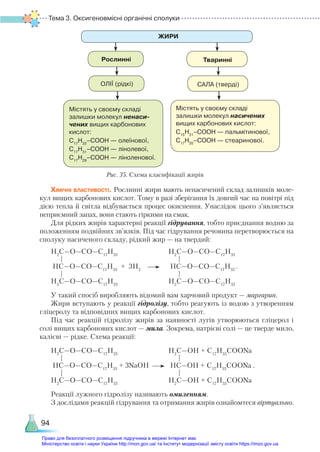 Тема 3. Оксигеновмісні органічні сполуки
94
Хімічні властивості. Рослинні жири мають ненасичений склад залишків моле-
кул вищих карбонових кислот. Тому в разі зберігання їх довгий час на повітрі під
дією тепла й світла відбувається процес окиснення. Унаслідок цього з’являється
неприємний запах, вони стають гіркими на смак.
Для рідких жирів характерні реакції гідрування, тобто приєднання водню за
положенням подвійних зв’язків. Під час гідрування речовина перетворюється на
сполуку насиченого складу, рідкий жир — на твердий:
H2
С—O—СO—C17
H33	
H2
С—O—СO—C17
H35
	
HС—O—СO—C17
H33
+ 3H2
	 HС—O—СO—C17
H35
.
	
H2
С—O—СO—C17
H33	
H2
С—O—СO—C17
H35
У такий спосіб виробляють відомий вам харчовий продукт — маргарин.
Жири вступають у реакції гідролізу, тобто реагують із водою з утворенням
гліцеролу та відповідних вищих карбонових кислот.
Під час реакцій гідролізу жирів за наявності лугів утворюються гліцерол і
солі вищих карбонових кислот — мила. Зокрема, натрієві солі — це тверде мило,
калієві — рідке. Схема реакції:
H2
С—O—СO—C17
H35	
H2
С—OH + C17
H35
COONa
	
HС—O—СO—C17
H35
+ 3NaOH 	 HС—OH + C17
H35
COONa .
	
H2
С—O—СO—C17
H35	
H2
С—OH + C17
H35
COONa
Реакції лужного гідролізу називають омиленням.
З дослідами реакцій гідрування та отримання жирів ознайомтеся віртуально.
ЖИРИ
Рослинні
ОЛІЇ (рідкі)
Містять у своєму складі
залишки молекул ненаси-
чених вищих карбонових
кислот:
С17
Н33
–СООН — олеїнової,
С17
Н31
–СООН — лінолевої,
С17
Н29
–СООН — ліноленової.
Тваринні
САЛА (тверді)
Містять у своєму складі
залишки молекул насичених
вищих карбонових кислот:
С15
Н31
–СООН — пальмітинової,
С17
Н35
–СООН — стеаринової.
Рис. 35. Схема класифікації жирів
Право для безоплатного розміщення підручника в мережі Інтернет має
Міністерство освіти і науки України http://mon.gov.ua/ та Інститут модернізації змісту освіти https://imzo.gov.ua
 