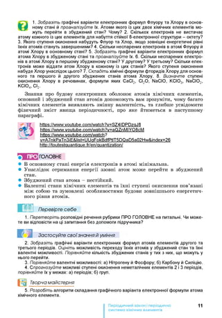 1. Зобразіть графічні варіанти електронних формул Флуору та Хлору в основ­
ному стані й проаналізуйте їх. Атоми якого із цих двох хімічних елементів мо­
жуть перейти в збуджений стан? Чому? 2. Скількох електронів не вистачає
атому кожного із цих елементів для набуття стійкої 8-електронної структури - октету?
3. Якого ступеня окиснення набудуть Флуор та Хлор, якщо зовнішні енергетичні рівні
їхніх атомів стануть завершеними? 4. Скільки неспарених електронів в атомі Флуору й
атомі Хлору в основному стані? 5. Зобразіть графічні варіанти електронних формул
атома Хлору в збудженому стані та проаналізуйте їх. 6. Скільки неспарених електро­
нів в атомі Хлору в першому збудженому стані? У другому? У третьому? Скільки елек­
тронів може віддати атом Хлору в кожному із цих станів? Якого ступеня окиснення
набуде Хлор унаслідок цього? 7. Складіть хімічні формули фторидів Хлору для основ­
ного та першого й другого збуджених станів атома Хлору. 8. Визначте ступені
окиснення Хлору в речовинах, формули яких СаСІ2, СІ20, NaCIO, КСІ03, NaCI02,
КСІ04, СІ2.
Знання про будову електронних оболонок атомів хімічних елементів,
основний і збуджений стан атомів допоможуть вам зрозуміти, чому багато
хімічних елементів виявляють змінну валентність, та глибше усвідомити
фізичний зміст явища періодичності, про яке йтиметься в наступному
параграфі.
https://www.voutube.com/watch?v=SZ4IDPDzaJ8
httPs://www.voutube.com/watch?v=aQZnMIYQ8cM
https://www.voutube.com/watch?
v=A7nkPaTn3iE&list=UUaFokBdfPtlT5DQaD5a02Hw&index=26
http://toutestauantiaue.fr/en/auantization/
ПРО ГОЛОВНЕ
• В основному стані енергія електронів в атомі мінімальна.
• Унаслідок отримання енергії ззовні атом може перейти в збуджений
стан.
• Збуджений стан атома - нестійкий.
• Валентні стани хімічних елементів та їхні ступені окиснення пов’язані
між собою та зумовлені особливостями будови зовнішнього енергетич­
ного рівня атомів.
Перевірте себе
1. Перетворіть розповідні речення рубрики ПРО ГОЛОВНЕ на питальні. Чи може­
те ви відповісти на ці запитання без допомоги підручника?
Застосуйте свої знання й уміння
2. Зобразіть графічні варіанти електронних формул атомів елементів другого та
третього періодів. Оцініть можливість переходу їхніх атомів у збуджений стан та їхні
валентні можливості. Порівняйте кількість збуджених станів у тих з них, що можуть у
нього перейти.
3. Порівняйте валентні можливості: а) Нітрогену й Фосфору; б) Карбону й Силіцію.
4. Спрогнозуйте можливі ступені окиснення неметалічних елементів 2 і 3 періодів,
порівняйте їх у межах: а) періодів; б) груп.
Творча майстерня
5. Розробіть алгоритм складання графічного варіанта електронної формули атома
хімічного елемента.
11
система хімічних елементів
 