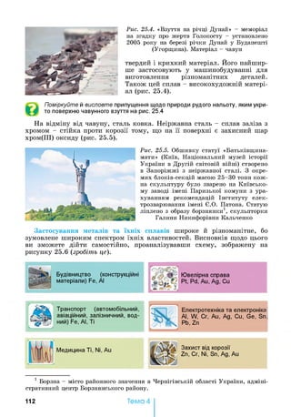 Рис. 25.4. «В зуття на р іч ц і Д ун ай » - м ем оріал
на зга дк у про ж ер тв Г о л о к о сту - устан овл ен о
20 0 5 р о к у на березі р іч к и Д унай у Б удап еш ті
(У гор щ и н а ). М атеріал - чавун
твердий і крихкий матеріал. Його найшир-
ше застосовують у машинобудуванні для
виготовлення різноманітних деталей.
Також цей сплав - високохудожній матері­
ал (рис. 25.4).
Поміркуйте й висловте припущення щодо природи рудого нальоту, яким укри­
то поверхню чавунного взуття на рис. 25.4
На відміну від чавуну, сталь ковка. Неіржавна сталь - сплав заліза з
хромом - стійка проти корозії тому, що на її поверхні є захисний шар
хром(ІІІ) оксиду (рис. 25.5).
Рис. 25.5. О б ш и в к у ст а т у ї «Б а ть к ів щ и н а -
м а ти » (К и їв , Н а ц іон а л ьн и й м узей іст о р ії
У к р а їн и в Д р угій св іт о в ій в ій н і) ств ор ен о
в З а п о р іж ж і з н еір ж а в н ої ста л і. З о к р е ­
м и х б л о к ів -се к ц ій м а сою 2 5 -3 0 тон н к о ж ­
на ск у л ь п ту р у бу л о зварен о на К и їв сь к о ­
м у заводі ім ен і П а р и зь к о ї к о м у н и з у р а ­
ху в а н н я м р ек ом ен д а ц ій Ін ст и ту т у е л ек ­
тр озва р ю ва н н я ім ен і Є .О . П атон а. С татую
л іп л ен о з обр а зу б ор зн я н к и 1, ск у л ьп тор к и
Галини Н и ки ф ор івн и К ал ьчен ко
Застосування металів та їхніх сплавів широке й різноманітне, бо
зумовлене широким спектром їхніх властивостей. Висновків щодо цього
ви зможете дійти самостійно, проаналізувавши схему, зображену на
рисунку 25.6 (зробіть це).
Будівництво (конструкційні
матеріали) Fe, АІ
Ювелірна справа
Pt, Pd, Au, Ag, Cu
Транспорт (автомобільний,
авіаційний, залізничний, вод­
ний) Fe, АІ, Ті
Електротехніка та електроніка
АІ, W, Cr, Au, Ag, Cu, Ge, Sn.
Pb, Zn
Медицина Ті, Ni, Au Захист від корозії
Zn, Cr, Ni, Sn, Ag, Au
1 Б орзн а - м істо р а й он н ого значення в Ч ер н ігів сь к ій обл а сті У к р а їн и , а дм ін і­
стр ати вн и й цен тр Б ор зн я н сь к ого р ай он у.
112 Тема 4
 