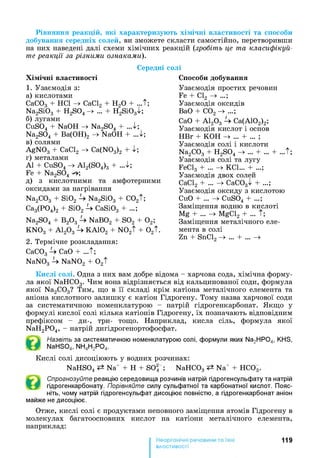 Рівняння реакцій, які характеризують хімічні властивості та способи
добування середніх солей, ви зможете скласти самостійно, перетворивши
на них наведені далі схеми хімічних реакцій (зробіть це та класифікуй­
те реакції за різними ознаками).
Середні солі
Способи добування
Узаємодія простих речовин
Хімічні властивості
1. Узаємодія з:
а) кислотами
СаС03 + НС1 -> СаС12 + Н20 + ...t;
Na2Si03 + H2S04 -> ... + H2Si03^;
б) лугами
CuS04 + NaOH -> Na2S04 + ..Л
Na2S04 + Ba(OH)2 -> NaOH + ..Л-,
в) солями
AgN03 + CaCl2 -> Ca(N03)2 +
г) металами
A1 + CuS04 -> A12(S04)3 + ...i
Fe + Na2S04 -ну,
д) з кислотними та амфотерними
оксидами за нагрівання
Na2C03 + Si02 U Na2Si03 + C02t;
Ca3(P04)2 + Si02 U CaSi03 + ...;
Na2S04 + B20 3 —>NaB02 + S02 + 0 2;
KN03 + A120 3 U KA102 + N02t + 0 2t.
2. Термічне розкладання:
CaCOg U CaO + ...t;
NaN03 U NaN02 + 0 2t
Fe + Cl2 -> ...;
Узаємодія оксидів
BaO + C02 —> ...;
CaO + A120 3 U Ca(A102)2;
Узаємодія кислот і основ
HBr + КОН -> ... + ... ;
Узаємодія солі і кислоти
Na2C03 + H2S04 -> ... + ... + ...t;
Узаємодія солі та лугу
FeCl3 + ... -> КС1... + ...;
Узаємодія двох солей
СаС12 + ... -> СаС03^ + ...;
Узаємодія оксиду з кислотою
СиО + ... —>CuS04 + ...;
Заміщення водню в кислоті
Mg + ... -> MgCl2 + ... t;
Заміщення металічного еле­
мента в солі
Zn + SnCl2 -» ... + ... ->
Кислі солі. Одна з них вам добре відома - харчова сода, хімічна форму­
ла якої NaHC03. Чим вона відрізняється від кальцинованої соди, формула
якої Na2C03? Тим, що в її складі крім катіона металічного елемента та
аніона кислотного залишку є катіон Гідрогену. Тому назва харчової соди
за систематичною номенклатурою - натрій гідрогенкарбонат. Якщо у
формулі кислої солі кілька катіонів Гідрогену, їх позначають відповідним
префіксом - ди-, три- тощо. Наприклад, кисла сіль, формула якої
NaH2P04, - натрій дигідрогенортофосфат.
Назвіть за систематичною номенклатурою солі, формули яких Na2HP04, KHS,
NaHS04, NH4H2P04.
Кислі солі дисоціюють у водних розчинах:
NaHSO, Na + Н + SOj NaHC04 Na+ + HCOo
Спрогнозуйте реакцію середовища розчинів натрій гідрогенсульфату та натрій
гідрогенкарбонату. Порівняйте силу сульфатної та карбонатної кислот. Пояс­
ніть, чому натрій гідрогенсульфат дисоціює повністю, а гідрогенкарбонат аніон
майже не дисоціює.
Отже, кислі солі є продуктами неповного заміщення атомів Гідрогену в
молекулах багатоосновних кислот на катіони металічного елемента,
наприклад:
119
властивості
 