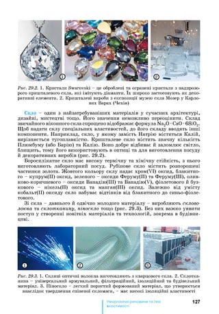 Рис. 29.2. 1. Кристали Swarovski - це оброблені та огранені кристали з надпрозо-
рого кришталевого скла, які імітують діаманти. їх широко застосовують як деко­
ративні елементи. 2. Кришталеві вироби з експозиції музею скла Мозер у Кардо­
вих Варах (Чехія)
Скло - один з найзатребуваніших матеріалів у сучасних архітектурі,
дизайні, мистецтві тощо. Його значення неможливо переоцінити. Склад
звичайного віконного скла спрощено відображає формула Na20 •СаО •6Si02.
Щоб надати склу спеціальних властивостей, до його складу вводять інші
компоненти. Наприклад, скло, у якому замість Натрію міститься Калій,
вирізняється тугоплавкістю. Кришталеве скло містить значну кількість
Плюмбуму (або Барію) та Калію. Воно добре відбиває й заломлює світло,
блищить, тому його використовують в оптиці та для виготовлення посуду
й декоративних виробів (рис. 29.2).
Боросилікатне скло має високу термічну та хімічну стійкість, з нього
виготовляють лабораторний посуд. Рубінове скло містить розпорошені
частинки золота. Жовтого кольору склу надає хром(УІ) оксид, блакитно­
го - купрум(ІІ) оксид, зеленого - оксиди Феруму(ІІ) та Феруму(ІІІ), олив­
ково-коричневого - оксиди Ванадію(ІІІ) та Ванадію(У), фіолетового й буз­
кового - нікель(ІІ) оксид та манган(ІІІ) оксид. Залежно від умісту
кобальт(ІІ) оксиду скло набуває відтінків від блакитного до синьо-фіоле­
тового.
Зі скла - давнього й одвічно молодого матеріалу - виробляють склово­
локна та склотканину, піноскло тощо (рис. 29.3). Без них важко уявити
поступ у створенні новітніх матеріалів та технологій, зокрема в будівни­
цтві.
Рис. 29.3. 1. Скляні оптичні волокна виготовляють з кварцового скла. 2. Склотка­
нина - універсальний армувальний, фільтраційний, ізоляційний та будівельний
матеріал. 3. Піноскло - легкий пористий формований матеріал, що утворюється
внаслідок тверднення спіненої скломаси, - має високі ізоляційні властивості
127
властивості
 