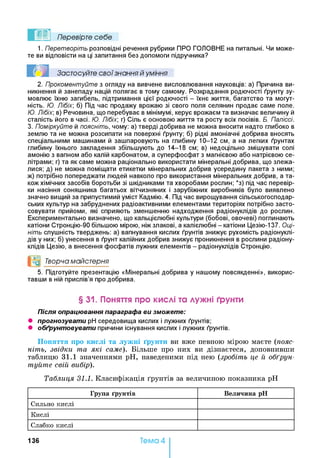 Перевірте себе
1. Перетворіть розповідні речення рубрики ПРО ГОЛОВНЕ на питальні. Чи може­
те ви відповісти на ці запитання без допомоги підручника?
Застосуйте свої знання й уміння
2. Прокоментуйте з огляду на вивчене висловлювання науковців: а) Причина ви­
никнення й занепаду націй полягає в тому самому. Розкрадання родючості ґрунту зу­
мовлює їхню загибель, підтримання цієї родючості - їхнє життя, багатство та могут­
ність. Ю. Лібіх б) Під час продажу врожаю зі свого поля селянин продає саме поле.
Ю. Лібіх в) Речовина, що перебуває в мінімумі, керує врожаєм та визначає величину й
сталість його в часі. Ю. Лібіх г) Сіль є основою життя та росту всіх посівів. В. Паліссі.
3. Поміркуйте й поясніть, чому: а) тверді добрива не можна вносити надто глибоко в
землю та не можна розсипати на поверхні ґрунту; б) рідкі амоніачні добрива вносять
спеціальними машинами й зашпаровують на глибину 1 0 - 1 2 см, а на легких ґрунтах
глибину їхнього закладення збільшують до 14-18 см; в) недоцільно змішувати солі
амонію з вапном або калій карбонатом, а суперфосфат з магнієвою або натрієвою се­
літрами; г) та як саме можна раціонально використати мінеральні добрива, що злежа­
лися; д) не можна поміщати етикетки мінеральних добрив усередину пакета з ними;
ж) потрібно попереджати людей навколо про використання мінеральних добрив, а та­
кож хімічних засобів боротьби зі шкідниками та хворобами рослин; *з) під час перевір­
ки насіння соняшника багатьох вітчизняних і зарубіжних виробників було виявлено
значно вищий за припустимий уміст Кадмію. 4. Під час вирощування сільськогосподар­
ських культур на забруднених радіоактивними елементами територіях потрібно засто­
совувати прийоми, які сприяють зменшенню надходження радіонуклідів до рослин.
Експериментально визначено, що кальцієлюбні культури (бобові, овочеві) поглинають
катіони Стронцію-90 більшою мірою, ніж злакові, а калієлюбні - катіони Цезію-137. Оці­
ніть слушність тверджень: а) вапнування кислих ґрунтів знижує рухомість радіонуклі­
дів у них; б) унесення в ґрунт калійних добрив знижує проникнення в рослини радіону­
клідів Цезію, а внесення фосфатів лужних елементів - радіонуклідів Стронцію.
°о Творча майстерня
5. Підготуйте презентацію «Мінеральні добрива у нашому повсякденні», викорис­
тавши в ній прислів’я про добрива.
§ 31. Поняття про кислі та лужні ґрунти
Після опрацювання параграфа ви зможете:
• прогнозувати pH середовища кислих і лужних ґрунтів;
• обґрунтовувати причини існування кислих і лужних ґрунтів.
Поняття про кислі та лужні ґрунти ви вже певною мірою маєте (пояс­
ніть, звідки та які саме). Більше про них ви дізнаєтеся, доповнивши
таблицю 31.1 значеннями pH, наведеними під нею (зробіть це й обґрун­
туйте свій вибір).
Таблиця 31.1. Класифікація ґрунтів за величиною показника pH
Група ґрунтів В ели чи н а pH
Сильно кислі
Кислі
Слабко кислі
136 Тема 4
 