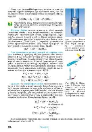 Чому осад ферум(ІІ) гідроксиду на повітрі швидко
набуває бурого кольору? Це зумовлено тим, що під
впливом кисню він перетворюється на ферум(ІІІ) гід­
роксид:
Fe(OH)2 + 0 2 + Н20 -> Fe(OH)3xk
Перетворіть схему реакції окиснення ферум(ІІ) гідро­
ксиду на хімічне рівняння, використавши метод елек­
тронного балансу.
Катіони Барію можна осадити в різні способи
(наведіть кілька з них, скориставшіїся, за потреби,
таблицею «Розчинність основ, амфотерних гідро­
ксидів, кислот і солей у воді»). Проте якісною зазви­
чай уважають реакцію осадження цих йонів суль-
фат-аніонами. Унаслідок її перебігу утворюється
білий дрібнокристалічний осад барій сульфату, не
розчинний у більшості кислот (рис. 32.2):
Ва2+ + SO2 = BaS04l.
Для проведення якісної реакції на катіони амо­
нію внесемо у пробірку водний розчин солі амонію
об’ємом 1 мл, добавимо розчин лугу й злегка нагріє­
мо вміст пробірки. Незабаром відчуємо різкий харак­
терний запах амоніаку. Вологий індикаторний папі­
рець, піднесений до отвору пробірки, змінить свій
колір на синій. Чому? Бо відбудеться реакція обміну,
унаслідок чого утвориться амоніак, який за нагрі­
вання виділиться з розчину (рис. 32.3):
NH4 + ОН = NH3 •Н20;
NH3 •Н20 U NH3t + Н20;
NH3 + НОН NH4 + ОН .
Силікат- та ортофосфат-аніони також можна оса­
дити з розчинів у різні способи (наведіть кілька з
них, скориставшіїся за потреби таблицею «Розчин­
ність основ, амфотерних гідроксидів, кислот і солей
у воді»). Зокрема, для осадження силікат-іону вико­
ристовують катіони Гідрогену, а ортофосфат-іон оса­
джують катіонами Кальцію або Аргентуму(І):
Рис. 32.2. Б іл ий
д р іб н о к р и ст а л іч н и й
осад барій сульф а­
ту - зовн іш н ій
еф ект я к існ о ї р еа к ­
ц ії на к атіон и Б арію
шш 1
Рис. 32.3. 1. П ал ь­
н и к. 2. Р озч и н сол і
а м он ію , до я к ого
добавл ено розчин
л угу. 3. В ол оги й
ун іверсал ьн и й ін д и ­
ка тор н и й пап ірець
Si03 + 2Н+ = H2Si03l;
білий драглистий
РО^+ 3Ag+ = Ag3P04l;
Ж О В Т И Й
2Р04 + ЗСа2+ = Са3(Р04)2^.
білий
Щоб закріпити уявлення про якісні реакції на деякі йони, виконайте
лабораторні досліди 3-8.
142 Тема 4
 