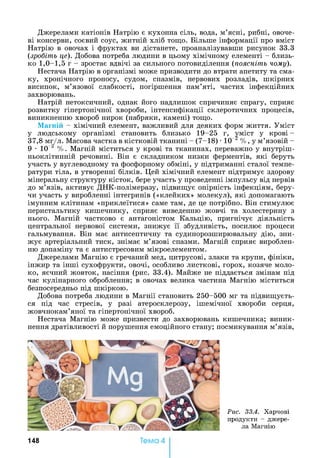 Джерелами катіонів Натрію є кухонна сіль, вода, м’ясні, рибні, овоче­
ві консерви, соєвий соус, житній хліб тощо. Більше інформації про вміст
Натрію в овочах і фруктах ви дістанете, проаналізувавши рисунок 33.3
{зробіть це). Добова потреба людини в цьому хімічному елементі - близь­
ко 1,0 -1,5 г - зростає вдвічі за сильного потовиділення (поясніть чому).
Нестача Натрію в організмі може призводити до втрати апетиту та сма­
ку, хронічного проносу, судом, спазмів, нервових розладів, шкірних
висипок, м’язової слабкості, погіршення пам’яті, частих інфекційних
захворювань.
Натрій нетоксичний, однак його надлишок спричиняє спрагу, сприяє
розвитку гіпертонічної хвороби, інтенсифікації склеротичних процесів,
виникненню хвороб нирок (набряки, камені) тощо.
Магній - хімічний елемент, важливий для деяких форм життя. Уміст
у людському організмі становить близько 19-25 г, уміст у крові -
37,8 мг/л. Масова частка в кістковій тканині - (7-18) •1(Г2 %, у м’язовій -
9 •10 2 %. Магній міститься у крові та тканинах, переважно у внутріш­
ньоклітинній речовині. Він є складником низки ферментів, які беруть
участь у вуглеводному та фосфорному обміні, у підтриманні сталої темпе­
ратури тіла, в утворенні білків. Цей хімічний елемент підтримує здорову
мінеральну структуру кісток, бере участь у проведенні імпульсу від нервів
до м’язів, активує ДНК-полімеразу, підвищує опірність інфекціям, беру­
чи участь у виробленні інтегринів («клейких» молекул), які допомагають
імунним клітинам «приклеїтися» саме там, де це потрібно. Він стимулює
перистальтику кишечнику, сприяє виведенню жовчі та холестерину з
нього. Магній частково є антагоністом Кальцію, пригнічує діяльність
центральної нервової системи, знижує її збудливість, посилює процеси
гальмування. Він має антисептичну та судинорозширювальну дію, зни­
жує артеріальний тиск, знімає м’язові спазми. Магній сприяє вироблен­
ню допаміну та є антистресовим мікроелементом.
Джерелами Магнію є гречаний мед, цитрусові, злаки та крупи, фініки,
інжир та інші сухофрукти, овочі, особливо листкові, горох, козяче моло­
ко, яєчний жовток, насіння (рис. 33.4). Майже не піддається змінам під
час кулінарного оброблення; в овочах велика частина Магнію міститься
безпосередньо під шкіркою.
Добова потреба людини в Магнії становить 250-500 мг та підвищуєть­
ся під час стресів, у разі атеросклерозу, ішемічної хвороби серця,
жовчнокам’яної та гіпертонічної хвороб.
Нестача Магнію може призвести до захворювань кишечника; виник­
нення дратівливості й порушення емоційного стану; посмикування м’язів,
148 Тема 4
Рис. 33.4. Х а р ч ові
п р од ук ти - д ж ер е­
ла М агн ію
 