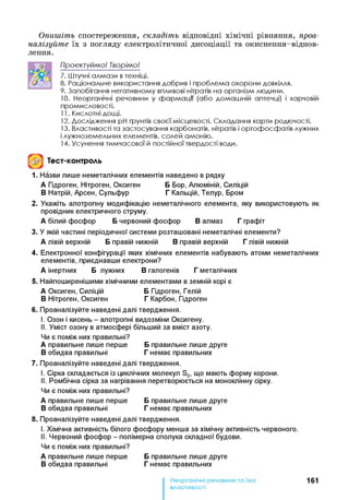 Опишіть спостереження, складіть відповідні хімічні рівняння, проа­
налізуйте їх з погляду електролітичної дисоціації та окиснення-віднов-
лення.
Проектуймо! Творімо!
7. Штучні алмази втехніці.
8. Раціональне використання добрив і проблема охорони довкілля.
9. Запобігання негативному впливові нітратів на організм людини.
10. Неорганічні речовини у фармації (або домашній аптечці) і харчовій
промисловості.
11. Кислотні дощі.
12. Дослідження pH ґрунтів своєї місцевості. Складання карти родючості.
13. Властивості та застосування карбонатів, нітратів і ортофосфатів лужних
і лужноземельних елементів, солей амонію.
14. Усунення тимчасової й постійної твердості води.
Тест-контроль
1. Назви лише неметалічних елементів наведено в рядку
А Гідроген, Нітроген, Оксиген ББор, Алюміній, Силіцій
ВНатрій, Арсен, Сульфур ГКальцій, Телур, Бром
2. Укажіть алотропну модифікацію неметалічного елемента, яку використовують як
провідник електричного струму.
А білий фосфор Бчервоний фосфор Валмаз Гграфіт
3. У якій частині періодичної системи розташовані неметалічні елементи?
А лівій верхній Бправій нижній Вправій верхній Глівій нижній
4. Електронної конфігурації яких хімічних елементів набувають атоми неметалічних
елементів, приєднавши електрони?
А інертних Б лужних Вгалогенів Гметалічних
5. Найпоширенішими хімічними елементами в земній корі є
А Оксиген, Силіцій БГідроген, Гелій
ВНітроген, Оксиген ГКарбон, Гідроген
6 . Проаналізуйте наведені далі твердження.
I. Озон і кисень - алотропні видозміни Оксигену.
II. Уміст озону в атмосфері більший за вміст азоту.
Чи є поміж них правильні?
А правильне лише перше Бправильне лише друге
Вобидва правильні Гнемає правильних
7. Проаналізуйте наведені далі твердження.
I. Сірка складається із циклічних молекул S8, що мають форму корони.
II. Ромбічна сірка за нагрівання перетворюється на моноклінну сірку.
Чи є поміж них правильні?
А правильне лише перше Бправильне лише друге
Вобидва правильні Гнемає правильних
8 . Проаналізуйте наведені далі твердження.
I. Хімічна активність білого фосфору менша за хімічну активність червоного.
II. Червоний фосфор - полімерна сполука складної будови.
Чи є поміж них правильні?
А правильне лише перше Бправильне лише друге
Вобидва правильні Гнемає правильних
161
властивості
 
