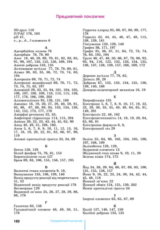 Предметний покажчик
3D-друк 110
IUPAC 176, 183
pH 47,
s-, р-, d-, f-елементи 6
А
Адсорбційна колона 78
Адсорбція 78, 79, 80
Азот 18, 40, 59, 69, 70, 81, 82, 83, 85,
91, 99, 107, 133, 152, 156, 169, 194
Азотні добрива 133, 135
Активоване вугілля 77, 78, 79, 80, 81,
Алмаз ЗО, 33, 35, 36, 72, 73, 74, 83,
194
Алотропія 69, 70, 71, 72, 74
Алотропні модифікації 69, 70, 71, 72,
73, 74, 75, 82, 197
Алюміній 29, 33, 35, 94, 101, 104, 105,
106, 107, 108, 109, 110, 113, 115, 126,
177, 178, 186, 199, 203
Алюмосилікати 95, 126, 131, 188
Амоніак 16, 19, 20, 27, 29, 40, 59, 81,
85, 86, 87, 88, 89, 94, 133, 134, 138,
142, 152, 173, 177, 178
Аморфні речовини 32, 33,
Амфотерні гідроксиди 114, 115, 204
Аніони 20, 22, 23, 43, 44, 45, 62, 90
Анод 48, 49, 51, 168, 180,
Атом 5, 6, 7, 8, 9, 10, 11, 12, 13, 16,
17, 18, 19, 20, 22, 81, 82, 86, 97, 99,
119
Атомні кристалічні ґратки 33, 34, 69
Б
Бетон 128, 129
Білий фосфор 75, 76, 81, 153
Боросилікатне скло 127
Бром 69, 83, 106, 155, 156, 157, 195
В
Валентні стани елементів 9, 10,
Вапнування 133, 136, 139, 140
Вихід продукту реакції від теоретичного
51, 52
Відносний вихід продукту реакції 178
Вогнетриви 129
Водневий зв’язок 25, 26, 27, 28, 29, 86,
88, 178
Г
Галогени 63, 156
Гальванічний елемент 48, 49, 50, 51,
178
Гідроген хлорид 85, 86, 87, 88, 89, 177,
178
Гідроліз 42, 44, 45, 46, 47, 48, 115,
138, 139, 181
Гіпсування 133, 139, 140
Графен 36, 171, 197
Графіт 35, 36, 37, 51, 64, 72, 73, 74,
76, 83, 192, 194
Ґрунт 46, 47, 48, 50, 66, 67, 78, 88, 92,
93, 94, 116, 122, 132, 133, 134, 135,
136, 137, 138, 139, 157, 168, 169, 172
д
Деревне вугілля 77, 79, 82,
Диполь 26, 28
Добрива 67, 132, 133, 134, 135, 136,
139, 140, 168
Донорно-акцепторний механізм 16, 19
Е
Евтрофікація 135
Електрони 5, 6, 7, 8, 9, 10, 17, 19, 22,
23, 29, ЗО, 33, 35, 48, 49, 64, 65, 81,
149, 201
Електроліз 22, 48, 182
Електронегативність 14, 18, 19, 20, 64,
65, 68, 81
Електронна формула 6, 8,
Електронний газ 29
З
Залізо 35, 64, 98, 103, 104, 105, 106,
107, 108, 109
Залізобетон 128, 129,
Зауранові елементи 13
Збуджений стан атома 9, 10, 11, 20
Зелена хімія 174, 175
Й
Йод 34, 38, 39, 64, 66, 67, 69, 83, 106,
131, 155, 156, 157
Йони 9, 16, 22, 23, 24, ЗО, 34, 42, 44,
45, 48, 118
Йонний зв’язок 22
Йонний обмін 124, 125, 139, 202
Йонні кристалічні ґратки 34
І
Інертні елементи 63, 65, 67, 69
К
Калій 127, 146, 147, 150
Калійні добрива 133, 135
180 Предметний покажчик
 