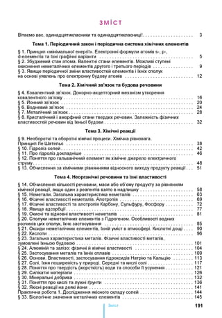 З М І С Т
Вітаємо вас, одинадцятикласники та одинадцятикласниці!........................................ З
Тема 1. Періодичний закон і періодична система хімічних елементів
§ 1. Принцип «мінімальної енергії». Електронні формули атомів s-, р-,
d-елементів та їхні графічні варіанти ............................................................................ 5
§ 2. Збуджений стан атома. Валентні стани елементів. Можливі ступені
окиснення неметалічних елементів другого і третього періодів................................ 9
§ 3. Явище періодичної зміни властивостей елементів і їхніх сполук
на основі уявлень про електронну будову атомів ....................................................... 12
Тема 2. Хімічний зв ’язок та будова речовини
§ 4. Ковалентний зв’язок. Донорно-акцепторний механізм утворення
ковалентного зв’язку.......................................................................................................... 16
§ 5. Йонний зв’я з о к ............................................................................................................ 20
§ 6 . Водневий зв’я з о к ........................................................................................................ 24
§ 7. Металічний зв’язок..................................................................................................... 28
§ 8 . Кристалічний і аморфний стани твердих речовин. Залежність фізичних
властивостей речовин від їхньої будови........................................................................ 32
Тема 3. Хімічні реакції
§ 9. Необоротні та оборотні хімічні процеси. Хімічна рівновага.
Принцип Ле Шательє ........................................................................................................ 38
§ 10. Гідроліз солей............................................................................................................ 42
§11. Про гідроліз докладніше ......................................................................................... 46
§ 12. Поняття про гальванічний елемент як хімічне джерело електричного
струму................................................................................................................................... 48
§ ІЗ. Обчислення за хімічними рівняннями відносного виходу продукту реакції. . . 51
Тема 4. Неорганічні речовини та їхні властивості
§ 14. Обчислення кількості речовини, маси або об’єму продукту за рівнянням
хімічної реакції, якщо один з реагентів взято в надлишку.......................................... 58
§ 15. Неметали. Загальна характеристика неметалів................................................ 63
§ 16. Фізичні властивості неметалів. Алотропія........................................................... 69
§ 17. Фізичні властивості та алотропія Карбону, Сульфуру, Фосфору..................... 72
§ 18. Явище адсорбції....................................................................................................... 77
§ 19. Окисні та відновні властивості неметалів ........................................................... 81
§ 20. Сполуки неметалічних елементів з Гідрогеном. Особливості водних
розчинів цих сполук, їхнє застосування ........................................................................ 85
§ 21. Оксиди неметалічних елементів, їхній уміст в атмосфері. Кислотні дощі . . . . 90
§ 22. Кислоти...................................................................................................................... 96
§ 23. Загальна характеристика металів. Фізичні властивості металів,
зумовлені їхньою будовою.................................................................................................101
§ 24. Алюміній та залізо: фізичні й хімічні властивості .............................................. 104
§ 25. Застосування металів та їхніх сплавів................................................................... 109
§ 26. Основи. Властивості, застосування гідроксидів Натрію та Кальцію ...............113
§ 27. Солі, їхня поширеність у природі. Середні та кислі солі....................................117
§ 28. Поняття про твердість (жорсткість) води та способи її усунення.....................121
§ 29. Силікатні матеріали...................................................................................................126
§ ЗО. Мінеральні добрива...................................................................................................132
§ 31. Поняття про кислі та лужні ґрунти ........................................................................136
§ 32. Якісні реакції на деякі й о н и ...................................................................................... 141
Практична робота 1. Дослідження якісного складу солей............................................ 144
§ 33. Біологічне значення металічних елементів...........................................................145
Зміст 191
 