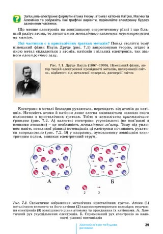 Запишіть електронні формули атома Неону, атомів і катіонів Натрію, Магнію та
Алюмінію та зобразіть їхні графічні варіанти, порівняйте електронну будову
зазначених частинок.
Що менше електронів на зовнішньому енергетичному рівні і що біль­
ший радіус атома, то легше атом металічного елемента перетворюється
на катіон.
Які частинки є в кристалічних ґратках металів? Понад століття тому
німецький фізик Пауль Друде (рис. 7.1) запропонував теорію, згідно з
якою метал складається з атомів, катіонів і вільних електронів, так зва­
ного електронного газу.
Рис. 7.1. Друде Пауль (1867-1906). Німецький фізик, ав­
тор теорій електронної провідності металів, поляризації світ­
ла, відбитого від металевої поверхні, дисперсії світла
Електрони в металі безладно рухаються, переходять від атомів до каті­
онів. Натомість атоми й катіони лише злегка коливаються навколо свого
положення в кристалічних ґратках. Тобто в металічних кристалічних
ґратках (рис. 7.2. А) валентні електрони усуспільнені (не пов’язані з
певними атомами) - це особливість металічного зв’язку. Тому під упли-
вом навіть невеликої різниці потенціалів ці електрони починають рухати­
ся впорядковано (рис. 7.2. Б) у напрямку, зумовленому зовнішнім елек­
тричним полем, виникає електричний струм.
©
1
0? ©_©~®
У г О © '
о
Б
© -
2 З
Рис. 7.2. Схематичне зображення металічних кристалічних ґраток. Атоми (1)
металічного елемента та його катіони (2) взаємоперетворються внаслідок втрачан­
ня електронів (3) зовнішнього рівня атомами та приєднання їх катіонами. А . Хао­
тичний рух усуспільнених електронів. Б. Спрямований рух електронів за наяв­
ності різниці потенціалів
Хімічний зв’язок та будова
речовини
29
 