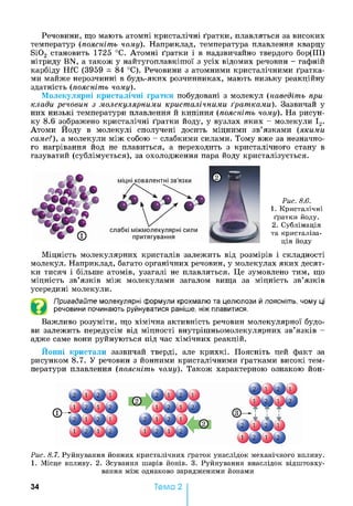 Речовини, що мають атомні кристалічні ґратки, плавляться за високих
температур (поясніть чому). Наприклад, температура плавлення кварцу
Si02 становить 1725 °С. Атомні ґратки і в надзвичайно твердого бор(ІІІ)
нітриду BN, а також у найтугоплавкішої з усіх відомих речовин - гафній
карбіду HfC (3959 ± 84 °С). Речовини з атомними кристалічними ґратка­
ми майже нерозчинні в будь-яких розчинниках, мають низьку реакційну
здатність (поясніть чому).
Молекулярні кристалічні ґратки побудовані з молекул (наведіть при­
клади речовин з молекулярними кристалічними ґратками). Зазвичай у
них низькі температури плавлення й кипіння (поясніть чому). На рисун­
ку 8 .6 зображено кристалічні ґратки йоду, у вузлах яких - молекули І2.
Атоми Йоду в молекулі сполучені досить міцними зв’язками (якими
саме?), а молекули між собою - слабкими силами. Тому вже за незначно­
го нагрівання йод не плавиться, а переходить з кристалічного стану в
газуватий (сублімується), за охолодження пара йоду кристалізується.
Рис. 8.6.
1. Кристалічні
ґратки йоду.
2. Сублімація
та кристаліза­
ція йоду
Міцність молекулярних кристалів залежить від розмірів і складності
молекул. Наприклад, багато органічних речовин, у молекулах яких десят­
ки тисяч і більше атомів, узагалі не плавляться. Це зумовлено тим, що
міцність зв’язків між молекулами загалом вища за міцність зв’язків
усередині молекули.
Пригадайте молекулярні формули крохмалю та целюлози й поясніть, чому ці
речовини починають руйнуватися раніше, ніж плавитися.
Важливо розуміти, що хімічна активність речовин молекулярної будо­
ви залежить передусім від міцності внутрішньомолекулярних зв’язків -
адже саме вони руйнуються під час хімічних реакцій.
Йонні кристали зазвичай тверді, але крихкі. Поясніть цей факт за
рисунком 8.7. У речовин з йонними кристалічними ґратками високі тем­
ператури плавлення (поясніть чому). Також характерною ознакою йон-
Рис. 8.7. Руйнування йонних кристалічних ґраток унаслідок механічного впливу.
1. Місце впливу. 2. Зсування шарів йонів. 3. Руйнування внаслідок відштовху­
вання між однаково зарядженими йонами
34 Тема 2
 