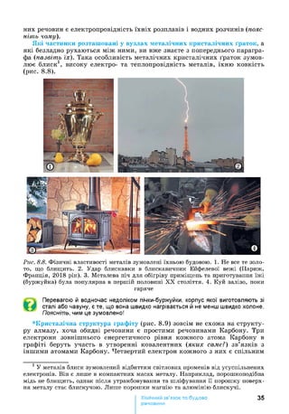 них речовин є електропровідність їхніх розплавів і водних розчинів (пояс­
ніть чому).
Які частинки розташовані у вузлах металічних кристалічних ґраток, а
які безладно рухаються між ними, ви вже знаєте з попереднього парагра­
фа (назвіть їх). Така особливість металічних кристалічних ґраток зумов­
лює блиск1, високу електро- та теплопровідність металів, їхню ковкість
(рис. 8 .8 ).
Рис. 8.8. Фізичні властивості металів зумовлені їхньою будовою. 1. Не все те золо­
то, що блищить. 2. Удар блискавки в блискавичник Ейфелевої вежі (Париж,
Франція, 2018 рік). 3. Металева піч для обігріву приміщень та приготування їжі
(буржуйка) була популярна в першій половині X X століття. 4. Куй залізо, поки
гаряче
Перевагою й водночас недоліком пічки-буржуйки, корпус якої виготовляють зі
сталі або чавуну, є те, що вона швидко нагрівається й не менш швидко холоне.
Поясніть, чим це зумовлено!
*Кристалічна структура графіту (рис. 8.9) зовсім не схожа на структу­
ру алмазу, хоча обидві речовини є простими речовинами Карбону. Три
електрони зовнішнього енергетичного рівня кожного атома Карбону в
графіті беруть участь в утворенні ковалентних (яких саме?) зв’язків з
іншими атомами Карбону. Четвертий електрон кожного з них є спільним
1 У металів блиск зумовлений відбиттям світлових променів від усуспільнених
електронів. Він є лише в компактних масах металу. Наприклад, порошкоподібна
мідь не блищить, однак після утрамбовування та шліфування її порошку поверх­
ня металу стає блискучою. Лише порошки магнію та алюмінію блискучі.
Хімічний зв’язок та будова
речовини
35
 