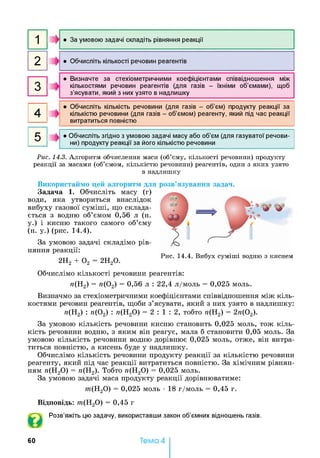 1 ►
• За умовою задачі складіть рівняння реакції
2 *
• Обчисліть кількості речовин реагентів
• Визначте за стехіометричними коефіцієнтами співвідношення між
кількостями речовин реагентів (для газів - їхніми об’ємами), щоб
з’ясувати, який з них узято в надлишку
3 »
4 »
• Обчисліть кількість речовини (для газів - об’єм) продукту реакції за
кількістю речовини (для газів - об’ємом) реагенту, який під час реакції
витратиться повністю
5 »
• Обчисліть згідно з умовою задачі масу або об’єм (для газуватої речови­
ни) продукту реакції за його кількістю речовини
Рис. 14.3. Алгоритм обчислення маси (об’єму, кількості речовини) продукту
реакції за масами (об’ємом, кількістю речовини) реагентів, один з яких узято
в надлишку
Використаймо цей алгоритм для розв’язування задач.
Задача 1. Обчисліть масу (г)
води, яка утвориться внаслідок
вибуху газової суміші, що склада­
ється з водню об’ємом 0,56 л (н.
у.) і кисню такого самого об’єму
(н. у.) (рис. 14.4).
За умовою задачі складімо рів­
няння реакції:
2Н2 + 0 2 = 2Н20.
Обчислімо кількості речовини реагентів:
л(Н2) = я(02) = 0,56 л : 22,4 л/моль = 0,025 моль.
Визначмо за стехіометричними коефіцієнтами співвідношення між кіль­
костями речовин реагентів, щоби з’ясувати, який з них узято в надлишку:
л(Н2) : я(02) : л(Н20) = 2 : 1 : 2 , тобто л(Н2) = 2л(02).
За умовою кількість речовини кисню становить 0,025 моль, тож кіль­
кість речовини водню, з яким він реагує, мала б становити 0,05 моль. За
умовою кількість речовини водню дорівнює 0,025 моль, отже, він витра­
титься повністю, а кисень буде у надлишку.
Обчислімо кількість речовини продукту реакції за кількістю речовини
реагенту, який під час реакції витратиться повністю. За хімічним рівнян­
ням л(Н20) = л(Н2). Тобто л(Н20) = 0,025 моль.
За умовою задачі маса продукту реакції дорівнюватиме:
от(Н20) = 0,025 моль •18 г/моль = 0,45 г.
Відповідь: от(Н20) = 0,45 г
Розв’яжіть цю задачу, використавши закон об’ємних відношень газів.
60 Тема 4
 