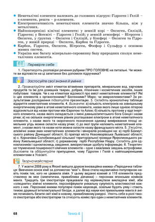 • Неметалічні елементи належать до головних підгруп: Гідроген і Гелій -
s-елементи, решта - р-елементи.
• Електронегативність неметалічних елементів значно більша, ніж у
металічних.
• Найпоширеніші хімічні елементи: у земній корі - Оксиген, Силіцій,
Гідроген; у Всесвіті - Гідроген і Гелій; у земній атмосфері - Нітроген і
Оксиген, у ґрунтах - Оксиген і Силіцій, у біосфері - Оксиген та Гідро­
ген, у живій природі - Оксиген, Карбон та Гідроген.
• Карбон, Гідроген, Оксиген, Нітроген, Фосфор і Сульфур є основою
живих систем.
• Україна має багату мінерально-сировинну базу природних сполук неме­
талічних елементів.
Перевірте себе
1. Перетворіть розповідні речення рубрики ПРО ГОЛОВНЕ на питальні. Чи може­
те ви відповісти на ці запитання без допомоги підручника?
Застосуйте свої знання й уміння
2. Проаналізуйте зміст етикеток вітамінних препаратів, мінеральних вод, харчових
продуктів та їжі для домашніх тварин, добрив, гігієнічних і косметичних засобів, інших
побутових товарів. Чи є на етикетках відомості про вміст неметалічних елементів? Які
із цих елементів є органогенними? Біогенними? Мікро- чи макроелементами? За ре­
зультатами дослідження підготуйте презентацію. 3. Складіть хронологічну таблицю
відкриття неметалічних елементів. 4. Визначте: а) кількість електронів на зовнішньому
енергетичному рівні в атомі неметалічного елемента, назва якого лише однією літерою
відрізняється від назви протоки між Європою та Азією; б) кількість протонів у ядрі інерт­
ного елемента, назва якого складається з імені давньоєгипетського бога Сонця і назви
річки; в) на скількох енергетичних рівнях розташовані електрони в атомі неметалічного
елемента, з назви якого та скороченого позначення одиниці вимірювання площі зе­
мельних угідь можна скласти назву річки; г) до якої групи належить неметалічний еле­
мент, з назви якого та назви ноти можна скласти назву французького міста. 5. З’ясуйте,
алхімічні знаки яких неметалічних елементів і мінералів розміщені на: а) гербі Бахмут-
ського району Донецької області; б) прапорі міста Новояворівська Львівської області;
в) с. Корначівка Солобковецької сільської територіальної громади Ярмолинецького ра­
йону Хмельницької області; г) державному гербі Республіки Науру. Складіть для од­
нокласників і однокласниць завдання, використавши здобуту інформацію. 6. Теоретич­
не тлумачення поширеності хімічних елементів - одне з важливих завдань астрофізики.
Висловте та обґрунтуйте припущення, чому Гідроген і Гелій є найпоширенішими
елементами в Усесвіті.
°0 Творча майстерня
7. У жовтні 2008 року в Японії вийшла друком інноваційна книжка «Періодична табли­
ця: Вивчення основ хімії за допомогою “моє”». Вона стала надзвичайно популярною на­
віть поміж тих, кого не цікавила хімія. У цьому виданні кожний зі 118 елементів пред­
ставлено як моє (симпатична, приваблива дівчинка) - персонаж японських коміксів
манга. Тридцять три ілюстратори працювали під керівництвом викладача хімії, аби
«олюднити» хімічні елементи, персоніфікувати унікальну сукупність властивостей кож­
ного з них. Персонажі книжки популярні поміж науковців, оскільки будять уяву і стають
темою дружньої інтелектуальної бесіди, а далекі від науки юні прихильники манга й ані-
ме починають бачити світ хімії в новому, привабливому ракурсі. Уявіть себе в ролі тако­
го ілюстратора або ілюстраторки та створіть комікс про один з неметалічних елементів.
68 Тема 4
 