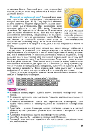мінювання Сонця. Загальний уміст озону в атмосфері
відповідає шару цього газу завтовшки 3 мм (за стан­
дартного тиску).
Корисний чи шкідливий озон? Озоновий шар захи­
щає організми від шкідливого ультрафіолетового
випромінювання (рис. 16.3). Тому стратегії збалансо­
ваного розвитку людства передбачають захист озоно­
вого шару від руйнування. Про важливість цього
завдання свідчить те, що 1994 року Генеральна
Асамблея ООН проголосила 16 вересня Міжнародним
днем охорони озонового шару. Тож під час купівлі
аерозольних балончиків, кондиціонера чи холодиль­
ника звертайте увагу на марковання товарів. Вибрав­
ши товари та технології, використання яких не
завдає шкоди озоновому шару, ви не лише дбатимете
про власне здоров’я та здоров’я нащадків, а й про збереження життя на
Землі.
Знезаражування питної води озоном має низку переваг порівняно з
хлоруванням. У медицині озон використовують для дезінфікування та
стерилізування. Озонотерапія - новий високоефективний метод лікуван­
ня, який застосовують у найрізноманітніших галузях медицини. Тому
важливо знати властивості цієї алотропної модифікації Оксигену, щоб
безпечно використовувати її на благо людини. Адже озон - дуже агресив­
на й отруйна речовина. Підвищення вмісту в повітрі озону техногенного
походження небезпечне для організмів. Унаслідок дії озону пришвидшу­
ється старіння конструкційних матеріалів, руйнуються художні фарби -
їхні кольори тьмяніють. Тому підвищений уміст цього газу в повітрі
небезпечний не лише для організмів, а й для витворів мистецтва.
Докладніше про алотропію деяких інших неметалічних елементів іти­
меться в наступному параграфі.
https://www.voutube.com/watch?v=Gz3lrLoW0oa
httPs://www.voutube.com/watch?v=mVhObSZUQMO
httPs://www.voutube.com/watch?v=HVvTAc1 aE18
httPs://www.voutube.com/watch?v=dB6Dxsxb80a
} ПРО ГОЛОВНЕ
• Неметали молекулярної будови мають невисокі температури плав­
лення.
• Неметали з атомними кристалічними ґратками вирізняються твердістю
та тугоплавкістю.
• Неметали непластичні, поміж них переважають діелектрики, хоча
зрідка трапляються й напівпровідники та провідники електричного
струму.
• Алотропія - явище існування одного хімічного елемента у вигляді
кількох простих речовин з різними властивостями - алотропних моди­
фікацій.
• Алотропні модифікації здатні взаємоперетворюватися.
• Озон 0 3 і кисень 0 2 - алотропні модифікації Оксигену.
• Озоновий шар захищає організми від шкідливого ультрафіолетового
випромінювання.
71
властивості
 