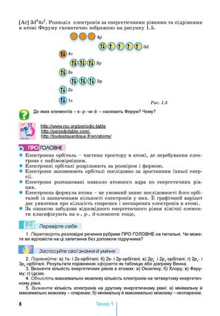 [Ar] 3d64s2. Розподіл електронів за енергетичними рівнями та підрівнями
в атомі Феруму схематично зображено на рисунку 1.5.
О О О
®©©©©м
® *>
З 3 З зр
В 3s
® ® ® 3р
З
Ш ів
До яких елементів - s- р- чи d- - належить Ферум? Чому?
http://www.rsc.ora/periodic-table
http://periodictable.com/
http://toutestauantiaue.fr/en/atoms/
5 ПРО ГОЛОВНЕ
• Електронна орбіталь - частина простору в атомі, де перебування елек­
трона є найімовірнішим.
• Електронні орбіталі розрізняють за розміром і формою.
• Електрони заповнюють орбіталі послідовно за зростанням їхньої енер­
гії.
• Електрони розташовані навколо атомного ядра по енергетичних рів­
нях.
• Електронна формула атома - це умовний запис послідовності його орбі-
талей із зазначенням кількості електронів у них. Її графічний варіант
дає уявлення про кількість спарених і неспарених електронів в атомі.
• За ознакою забудови відповідного енергетичного рівня хімічні елемен­
ти класифікують на S-, р-, d-елементи тощо.
Перевірте себе
1. Перетворіть розповідні речення рубрики ПРО ГОЛОВНЕ на питальні. Чи може­
те ви відповісти на ці запитання без допомоги підручника?
Застосуйте свої знання й уміння
2. Порівняйте: a) 1s- і 2з-орбіталі; б) 2s- і 2р-орбіталі; в) 2рх і 2ру-орбіталі; г) 2рх- і
Зрх-орбіталі. Результати порівняння оформте як таблицю або діаграму Венна.
3. Визначте кількість енергетичних рівнів в атомах: а) Оксигену; б) Хлору; в) Феру­
му; г) Цезію.
4. Обчисліть максимально можливу кількість електронів на четвертому енергетич­
ному рівні.
5. Визначте кількість електронів на другому енергетичному рівні: а) мінімальну й
максимально можливу - спарених; б) мінімальну й максимально можливу - неспарених.
8 Тема 1
 