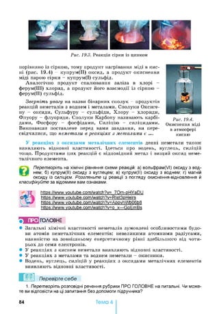Рис. 19.3. Реакція сірки із цинком
порівняно із сіркою, тому продукт нагрівання міді в кис­
ні (рис. 19.4) - купрум(ІІ) оксид, а продукт окиснення
міді парою сірки - купрум(І) сульфід.
Аналогічно продукт спалювання заліза в хлорі -
ферум(ІІІ) хлорид, а продукт його взаємодії із сіркою -
ферум(ІІ) сульфід.
Зверніть увагу на назви бінарних сполук - продуктів
реакцій неметалів з воднем і металами. Сполуки Оксиге-
ну - оксиди, Сульфуру - сульфіди, Хлору - хлориди,
Флуору - флуориди. Сполуки Карбону називають карбі­
дами, Фосфору - фосфідами, Силіцію - силіцидами.
Виконавши поставлене перед вами завдання, ви пере­
свідчилися, що неметали в реакціях з металами є ....
Рис. 19.4.
Окиснення міді
в атмосфері
кисню
У реакціях з оксидами металічних елементів деякі неметали також
виявляють відновні властивості. Ідеться про водень, вуглець, силіцій
тощо. Продуктами цих реакцій є відповідний метал і вищий оксид неме-
талічного елемента.
Перетворіть на хімічні рівняння схеми реакцій: а) вольфрам(/І) оксиду з вод-
ЩРш нем; б) купрум(ІІ) оксиду з вуглецем; в) купрум(ІІ) оксиду з воднем; г) магній
оксиду із силіцієм. Розгляньте ці реакції з погляду окиснення-відновлення й
класифікуйте за відомими вам ознаками.
https://www.youtube.com/watch?v= 70m-pHYaDU
https://www.youtube.com/watch?v=Rlet3pHelrs
https://www.youtube.com/watch?v=AppvhWb06b8
https://www.youtube.com/watch?v=o x—GoEmBs
ПРО ГОЛОВНЕ
• Загальні хімічні властивості неметалів зумовлені особливостями будо­
ви атомів неметалічних елементів: невеликими атомними радіусами,
наявністю на зовнішньому енергетичному рівні здебільшого від чоти­
рьох до семи електронів.
• У реакціях з киснем неметали виявляють відновні властивості.
• У реакціях з металами та воднем неметали - окисники.
• Водень, вуглець, силіцій у реакціях з оксидами металічних елементів
виявляють відновні властивості.
Перевірте себе
1. Перетворіть розповідні речення рубрики ПРО ГОЛОВНЕ на питальні. Чи може­
те ви відповісти на ці запитання без допомоги підручника?
84 Тема 4
 