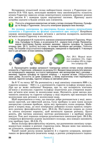Зіставивши кількісний склад найпростіших сполук з Гідрогеном еле­
ментів IVA-VIA груп, нескладно виявити таку закономірність: кількість
атомів Гідрогену навколо атома неметалічного елемента дорівнює різниці
між числом 8 і номером групи періодичної системи. Причину цього
потрібно шукати в будові атомів цих елементів.
Поясніть утворення ковалентних зв’язків у летких сполуках Нітрогену, Сульфу-
ру та Хлору з Гідрогеном. Запишіть електронні формули їхніх молекул.
Як упливає електронна та просторова будова молекул неметалічних
елементів з Гідрогеном на фізичні властивості цих сполук? Потрібного
умовою виникнення водневих зв’язків є достатня полярність валентних
зв’язків атомів Гідрогену в молекулах.
1. За рисунком 4.8 порівняйте значення електронегативності Гідрогену, Нітро­
гену, Сульфуру та Хлору, а за рисунком 5.4 - радіуси їхніх атомів. Проаналізу­
вавши просторову будову молекул амоніаку, гідроген сульфіду та гідроген
хлориду (рис. 20.1), зробіть висновок, чи полярні молекули цих речовин. Поясніть
чому. За потреби скористайтеся інформацією, наведеною в параграфі 6. У молекулі
якої із цих речовин зв’язки найменш полярні?
2. Проаналізуйте графіки залежності температур кипіння летких сполук хімічних
елементів з Гідрогеном, зображені на рисунку 6.4. Використавши результати виконан­
ня попереднього завдання, висловте припущення, між молекулами якої з речовин -
амоніаку, гідроген сульфіду чи гідроген хлориду - є водневі зв’язки. Обґрунтуйте
свою думку. Визначте за цими графіками, у якому агрегатному стані перебувають
амоніак, гідроген сульфід, гідроген хлорид за звичайних умов.
За 0 °С та тиску 105 Па розчинність у воді амоніаку становить 899 г/л,
гідроген хлориду - 823 г/л, а розчинність гідроген сульфіду мізерно мала.
Про що це може свідчити? Зокрема, про те, що полярність хімічних
зв’язків у молекулах гідроген сульфіду недостатня для утворення водне­
вих зв’язків між ними та молекулами води. Натомість дуже висока роз­
чинність амоніаку та гідроген хлориду у воді свідчить про взаємодію між
молекулами цих речовин з молекулами води.
Щоб переконатися в тому, що амоніак добре розчиняється у воді, вико­
наємо простий, але ефектний дослід. Суху пробірку із цим газом щільно
закоркуємо гумовою пробкою, крізь яку проходить голка шприца. Набе­
ремо в шприц воду, до якої попередньо добавимо кілька крапель спирто­
вого розчину фенолфталеїну (рис. 20.2.А). Під’єднаємо шприц до голки
та злегка посунемо поршень, щоб витиснути краплю розчину. Цього
досить, аби частина амоніаку миттєво розчинилася і в пробірці виник
вакуум. Тож далі поршень шприца рухатиметься самоходом (рис. 20.2.Б),
утвориться фонтанчик рідини малинового кольору, яка швидко заповнить
усю пробірку (рис. 20.2.В, Г).
Зміна кольору фенолфталеїну свідчить, що розчинення амоніаку супро­
воджується появою в розчині гідроксид-іонів. Звідки вони там виникли,
ви дізналися, опрацювавши параграф 4.
Такий самий дослід можна провести й з гідроген хлоридом, викорис­
тавши не фенолфталеїн (поясніть чому), а розчин універсального індика-
86 Тема 4
Рис. 20.1. Моделі моле­
кул амоніаку (1), гідро­
ген сульфіду (2) та гідро­
ген хлориду (3)
 