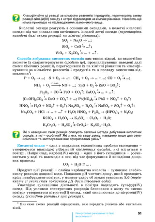 Класифікуйте ці реакції за кількістю реагентів і продуктів, перетворіть схему
реакції силіцій(ІУ) оксиду з натрій гідроксидом на хімічне рівняння. Наведіть ще
кілька прикладів на підтвердження зазначеного вище.
Кислотні оксиди реагують з основними оксидами, а нелеткі кислотні
оксиди під час сплавляння витісняють із солей леткі оксиди (перетворіть
наведені далі схеми реакцій на хімічні рівняння):
S02 + Na20 —>
Si02 + CaO ^ ...t;
Si02 + K2C03^ ... + ...t.
Способи добування кислотних оксидів вам також відомі, ви самостійно
зможете їх схарактеризувати (зробіть це), проаналізувавши наведені далі
схеми хімічних реакцій, перетворивши їх на хімічні рівняння та класифі­
кувавши за кількістю реагентів і продуктів та з погляду окиснення-від-
новлення1:
Р + 0 2 —> S + 0 2 —> СН4 + 0 2 —>... + СО + 0 2 ->
NH3 + 0 2 N0 + ZnS + 0 2^ ZnO + S02t;
Fe20 3 + CO ^ FeO + C02t; CaC03^ ... + ...t;
(Cu0H)2C03 CuO + C02t + Pb(N03)2^ PbO + N02t + 0 2t;
HN03 ^ H20 + N02t + 0 2t; Na2S04 + B20 3 ^ NaB02 + S02t + 0 2t;
Na2C03 + HC1 -> ... + ...t + H20; HN03 + P20 5 -> (HP03)4 + N205;
KC104 + H2S04 -> K2S04 + C120 7 + H20;
K2Cr20 7 + H2S04 Cr03^+ K2S04+H20.
Які з наведених схем реакцій описують загальні методи добування кислотних
оксидів, а які - особливі? Які з них, на вашу думку, наведено лише для озна­
йомлення та застосування вже сформованих умінь?
Кислотні опади - одна з нагальних екологічних проблем сьогодення -
утворюються внаслідок гідратації кислотних оксидів, які містяться в
повітрі. Наприклад, карбон(ІУ) оксид - один з його складників - розчи­
няється у воді та взаємодіє з нею під час формування й випадіння дощо­
вих крапель:
С02 + Н20 ... .
Продукт цієї реакції - слабка карбонатна кислота - зумовлює слабко-
кислу реакцію дощової води. Показник pH чистого дощу, який проходить
крізь незабруднене повітря, у момент удару об землю становить 5,6 (порів­
няйте зі значенням показника pH дистильованої води).
Унаслідок вулканічної діяльності в повітря надходить сульфур(ІУ)
оксид. Під упливом електричних розрядів блискавки з азоту та кисню
повітря утворюється нітроген(ІІ) оксид, який окиснюється до нітроген(ІУ)
оксиду (складіть рівняння цих реакцій).
1 Які саме схеми реакцій опрацювати, вам порадить учитель або вчителька
хімії.
91
властивості
 
