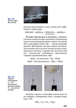 Мал. 45.
Дослід «Дим
без вогню»
ренням нерозчинної у воді основи або амфо­
терного гідроксиду:
3NH4OH + A1(N03)3= 3NH4N 03+ Al(OH)3>k
амоній нітрат
Реакції сірководню й амоніаку з киснем.
Сполуки неметалічних елементів з Гідрогеном
(крім галогеноводнів) здатні горіти на повітрі
або в атмосфері кисню. Це — окисно-відновні
реакції. Вам відомо, що при горінні вуглевод­
нів залежно від кількості кисню можуть утво­
рюватися вуглець, чадний або вуглекислий
газ. Аналогічна особливість притаманна
горінню сірководню (мал. 46):
2H2S + 0 2(нестача) = 2S + 2НаО;
2H2S + 30 2(надлишок) = 2SOa + 2НаО.
Мал. 46.
Горіння
сірководню:
а — за
достатнього
доступу повітря;
б — за нестачі
повітря
Амоніак горить в атмосфері кисню (але не
на повітрі) з утворенням азоту і водяної пари
(мал. 47):
n h 3+ o 24 n 2+ н 2о .
109
 