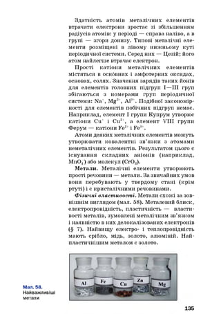 Здатність атомів металічних елементів
втрачати електрони зростає зі збільшенням
радіусів атомів: у періоді — справа наліво, а в
групі — згори донизу. Типові металічні еле­
менти розміщені в лівому нижньому куті
періодичної системи. Серед них — Цезій; його
атом найлегше втрачає електрон.
Прості катіони металічних елементів
містяться в основних і амфотерних оксидах,
основах, солях. Значення зарядів таких йонів
для елементів головних підгруп І—III груп
збігаються з номерами груп періодичної
системи: Na+, Mg2+, А13+. Подібної закономір­
ності для елементів побічних підгруп немає.
Наприклад, елемент І групи Купрум утворює
катіони Си+ і Си2+, а елемент VIII групи
Ферум — катіони Fe2+і Fe3+.
Атоми деяких металічних елементів можуть
утворювати ковалентні зв’язки з атомами
неметалічних елементів. Результатом цього є
існування складних аніонів (наприклад,
Мп04) або молекул (Сг03).
Метали. Металічні елементи утворюють
прості речовини — метали. За звичайних умов
вони перебувають у твердому стані (крім
ртуті) і є кристалічними речовинами.
Ф ізичні властивості. Метали схожі за зов­
нішнім виглядом (мал. 58). Металевий блиск,
електропровідність, пластичність — власти­
вості металів, зумовлені металічним зв’язком
і наявністю в них делокалізованих електронів
(§ 7). Найвищу електро- і теплопровідність
мають срібло, мідь, золото, алюміній. Най-
пластичнішим металом є золото.
Мал. 58.
Найважливіші
метали
135
 