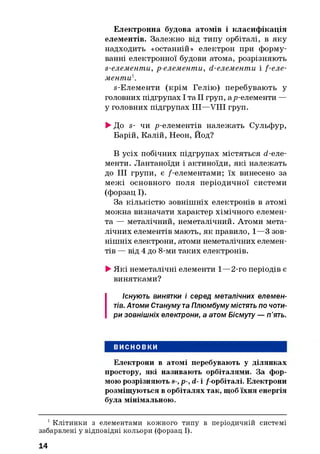 Електронна будова атомів і класифікація
елементів. Залежно від типу орбіталі, в яку
надходить «останній» електрон при форму­
ванні електронної будови атома, розрізняють
s-елементи, р-елементи, d-елементи і f -еле-
менти1.
s-Елементи (крім Гелію) перебувають у
головних підгрупах І та II груп, а р-елементи —
у головних підгрупах III—VIII груп.
►До s- чи ^-елементів належать Сульфур,
Барій, Калій, Неон, Йод?
В усіх побічних підгрупах містяться d-eле­
менти. Лантаноїди і актиноїди, які належать
до III групи, є /-елементами; їх винесено за
межі основного поля періодичної системи
(форзац І).
За кількістю зовнішніх електронів в атомі
можна визначати характер хімічного елемен­
та — металічний, неметалічний. Атоми мета­
лічних елементів мають, як правило, 1—3 зов­
нішніх електрони, атоми неметалічних елемен­
тів — від 4 до 8-ми таких електронів.
►Які неметалічні елементи 1—2-го періодів є
винятками?
Існують винятки і серед металічних елемен­
тів. Атоми Станумута Плюмбуму містять по чоти­
ри зовнішніх електрони, а атом Вісмуту — п’ять.
ВИСНОВКИ
Електрони в атомі перебувають у ділянках
простору, які називають орбіталями. За фор­
мою розрізняють s-,р-, d- і / орбіталі. Електрони
розміщуються в орбіталях так, щоб їхня енергія
була мінімальною.
1 Клітинки з елементами кожного типу в періодичній системі
забарвлені у відповідні кольори (форзац І).
14
 