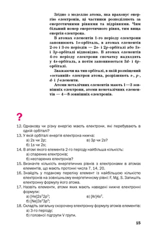 Згідно з моделлю атома, яка враховує енер­
гію електронів, ці частинки розподіляють за
енергетичними рівнями та підрівнями. Чим
більший номер енергетичного рівня, тим вища
енергія електрона.
В атомах елементів 1-го періоду електрони
заповнюють ls -орбіталь, в атомах елементів
2-го і 3-го періодів — 2s- і 2/ьорбіталі або 3s-
і 3/)-орбіталі відповідно. В атомах елементів
4-го періоду електрони спочатку надходять
у 4в-орбіталь, а потім заповнюються 3d- і 4р-
орбіталі.
Зважаючи на тип орбіталі, в якій розміщений
«останній» електрон атома, розрізняють s-, р-,
d- і / елементи.
Атоми металічних елементів мають 1—3 зов­
нішніх електрони, атоми неметалічних елемен­
тів — 4—8 зовнішніх електронів.
12. Однакову чи різну енергію мають електрони, які перебувають в
одній орбіталі?
13. У якій орбіталі енергія електрона нижча:
а) 2s чи 2р; в) Зр чи 2s?
б) Is чи 2s;
14. В атомі якого елемента 2-го періоду найбільша кількість:
а ) спарених електронів;
б ) неспарених електронів?
15. Визначте кількість енергетичних рівнів з електронами в атомах
елементів, що мають протонні числа 7,14, 20.
16. Знайдіть у поданому переліку елемент із найбільшою кількістю
електронів на зовнішньому енергетичному рівні: F, Mg, S. Запишіть
електронну формулу його атома.
17. Назвіть елементи, атоми яких мають наведені нижче електронні
формули:
а) [He]2s22p1; в) [Ar]4s2.
б) [Ne]3s23p5;
18. Складіть загальну скорочену електронну формулу атомів елементів:
а) 3-го періоду;
б) головної підгрупи V групи.
15
 