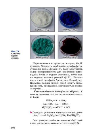 Мал. 78.
Кристало­
гідрати
нітратів
Нерозчинними є аргентум хлорид, барій
сульфат, більшість карбонатів, ортофосфатів,
сульфідів тощо (форзац II). Таку властивість
солей використовують для виявлення відпо­
відних йонів у водних розчинах, тобто при
проведенні якісних реакцій (§ 31). Розчин­
ність у воді сульфатів Аргентуму, Плюмбуму,
Кальцію, деяких інших солей досить мала.
Кислі солі, як правило, розчиняються краще
за середні.
Елект роліт ична дисоціація і гідроліз. У
водних розчинах солі дисоціюють на відповід­
ні йони:
K N03= К ++ N 03;
NaHCOg = Na+ + НС03;
А1(ОН)С12= АЮН2++ 2С1 .
►Складіть рівняння електролітичної дисо­
ціації солей Li2S04, NaH2P 0 4, Fe(0H)2N 03.
Солі, утворені слабкими основами або/і слаб­
кими кислотами, зазнають гідролізу (§ 12):
166
 
