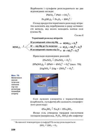 Карбонати і сульфати розкладаються на два
відповідних оксиди:
PbCOg = РЬО + С02Т;
Fe2(S04)3= Fe2Og + 3SO3T.1
Склад продуктів термічного розкладу нітра­
тів залежить від перебування в ряду активно­
сті металу, від якого походить катіон солі
(схема 8).
Схема 8
Термічний розклад нітратів
М розміщений зліва від Mg > Q ) +
M(N03)n г S М ~ від до Си включно^ MaQb + NOzt + 0zt
М розміщений справа від Cu > /w+ N0 1“+ 0 Т
Приклади відповідних реакцій:
2NaN03= 2NaN02+ 0 2Т;
2Pb(N03)2= 2РЬО + 4N 02T + 0 2T (мал. 79);
2AgN03= 2Ag + 2N02T + 02T.
Мал. 79.
Виявлення
кисню
тліючою
скіпкою
під час
розкладу
плюмбум
нітрату
Солі лужних елементів є термостійкими
(карбонати, сульфати) або зазнають специфіч­
ного розкладу:
4Na2S03= Na2S + 3Na2S04.
Якщо сіль утворена твердим кислотним
оксидом (наприклад, Р 20 5, Si02) або амфотер-
1За високої температури сульфур(УІ) оксид розкладається:
2SOa = 2SOz + 0 2.
168
 