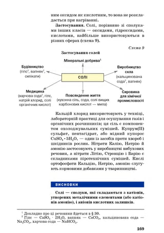 ним оксидом як кислотним, то вона не розкла­
дається при нагріванні.
Застосування. Солі, порівняно зі сполука­
ми інших класів — оксидами, гідроксидами,
кислотами, найбільше використовуються в
різних сферах (схема 9).
Будівництво
(гіпс12, вапняк2,
силікати)
Медицина
(харчова сода2, гіпс,
натрій хлорид, солі
органічних кислот)
Застосування солей
Мінеральні добрива1
і1
СОЛІ
' f
Повсякденне життя
(кухонна сіль, сода, солі вищих
карбонових кислот — мила)
Схема 9
Виробництво
скла
(кальцинована
сода2, вапняк)
Сировина
для хімічної
промисловості
Кальцій хлорид використовують у техніці,
лабораторній практиці для осушування газів і
органічних розчинників; ця сіль є компонен­
том охолоджувальних сумішей. Купрум(ІІ)
сульфат, пентагідрат, або мідний купорос
CuS04•5Н20, — один із засобів проти хвороб і
шкідників рослин. Нітрати Калію, Натрію й
амонію застосовують у виробництві вибухових
речовин, а нітрати Літію, Стронцію і Барію є
складниками піротехнічних сумішей. Кислі
ортофосфати Кальцію, Натрію, амонію слугу­
ють кормовими добавками у тваринництві.
ВИСНОВКИ
Солі — сполуки, які складаються з катіонів,
утворених металічними елементами (або катіо­
нів амонію), і аніонів кислотних залишків.
1Докладно про ці речовини йдеться в § ЗО.
2 Гіпс — CaS04 • 2Н20, вапняк — СаС03, кальцинована сода —
Na2C03, харчова сода — NaHCOg.
169
 