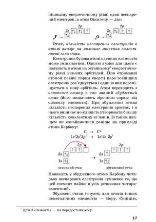 нішньому енергетичному рівні один неспаре-
ний електрон, а атом Оксигену — два:
. . . 1 1
2р
2s [п^Ш
„О
2s
2р
0 ШШ
Отже, кількість неспарених електронів в
атомі вказує на можливе значення валент­
ності елемента.
Електронна будова атомів деяких елементів
може змінюватися. Однією з умов для цього є
наявність в атомі на останньому1енергетично­
му рівні вільних орбіталей. При отриманні
атомом певної порції енергії пара зовнішніх
електронів роз’єднується і один із них перемі­
щується в нову орбіталь. Атом переходить з
основного ст ану в так званий збуджений
стан (його позначають зірочкою справа від
символу елемента). При збудженні атома
кількість неспарених електронів зростає, і в
нього виникає можливість утворювати більшу
кількість ковалентних зв’язків. Із таким яви­
щем ви ознайомилися раніше на прикладі
атома Карбону:
С -> С*
ls 22s22p2 -> ls 22s12p3
2s п
2Р
ш ш п
Is Ті
2s [Ц
Is п
2Р
Ш0 Ш
основний стан збуджений стан
Наявність у збудженого атома Карбону чоти­
рьох неспарених електронів зумовлює те, що
цей елемент майже в усіх речовинах чотири­
валентний.
Збуджені стани існують для атомів інших
неметалічних елементів — Бору, Силіцію,
1 Для d-елементів —на передостанньому.
17
 