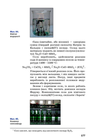 Мал. 84.
Хімічні
водорості
Скло (звичайне, або віконне) — однорідна
суміш (твердий розчин) силікатів Натрію та
Кальцію і силіцій(ІУ) оксиду. Склад цього
матеріалу подають як певної сполуки (силіка­
ту): NaaO •СаО •6Si02.
Скло виробляють, здійснюючи реакцію
соди й вапняку із кварцовим піском за темпе­
ратури 1400—1500 °С:
Na2C03+ CaCOg + 6Si02= Na20 •СаО •6Si02+ 2C02T.
Утворюється в’язкий розплав скла. Його про­
пускають між вальцями, і він швидко засти­
гає у вигляді листа. Посуд, інші предмети
виробляють із розплавленої скломаси виду­
ванням або формуванням.
Зелене і коричневе скло, із якого роблять
пляшки (мал. 85), містить домішки оксидів
Феруму. Компонентами скла для хімічного
посуду є силіцій(ІУ) оксид, силікати і борати1
Мал. 85.
Конвеєр
склозаводу
1Солі кислот, що походять від кислотного оксиду В203.
177
 