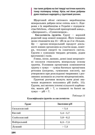 тва такихдобрив на їхні тверді часточки наносять
тонку полімерну плівку. Крізь неї йони добрива
дуже повільно надходять у грунтовий розчин.
Щ орічний обсяг світового виробництва
мінеральних добрив сягає сотень млн т. Ліде­
рами з їх виробництва в Україні є підприєм­
ства Ostchem, «Одеський припортовий завод»,
«Дніпроазот», «Сумихімпром».
Кислотність ґрунтів. Ґрунт — верхній
родючий шар земної поверхні. Його товщина
може становити від 15—20 см до 2 м і більше.
Це — органо-мінеральний продукт діяль­
ності живих організмів за участю води, повіт­
ря, теплової енергії та сонячного світла.
Ґрунти є сумішшю твердих речовин, рідин
(розчинів) і газів.
Глина, пісок, вапняк, деякі інші неорганіч­
ні сполуки становлять мінеральну основу
ґрунтів. Головним органічним компонентом
ґрунту є гумус — суміш багатьох органічних
речовин (зокрема, гумінових кислот), що
утворилися при розкладанні тваринних і рос­
линних залишків за участю мікроорганізмів.
Ґрунтові розчини можуть мати різні зна­
чення водневого показника pH (табл. 11).
Ґрунти, які містять істотні кількості карбона­
тів, мають pH > 7, а глинисті та багаті на
гумус — pH < 7.
Таблиця 11
Класифікація ґрунтів за кислотністю
Ґрунт Значення pH
Сильнокислий < 5,4
Кислий 5,4—5,7
Слабкокислий 5,8—6,2
Нейтральний 6,3—7,3
Лужний > 7,3
184
 